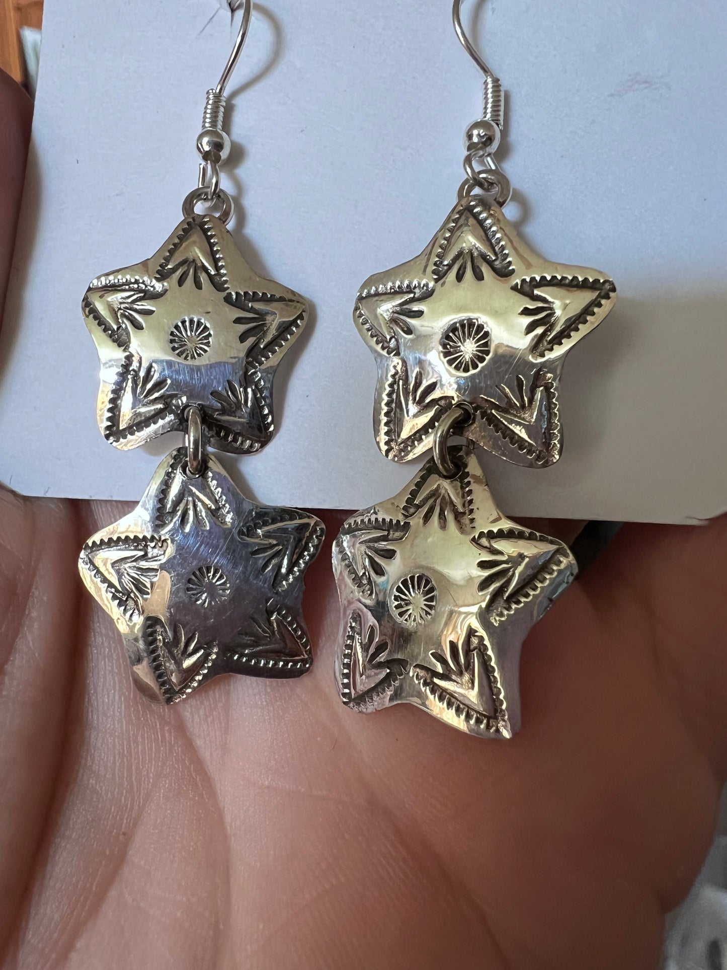 Native American Handmade by S. Willie. Sterling Star Dangle Earrings 2 1/8β long