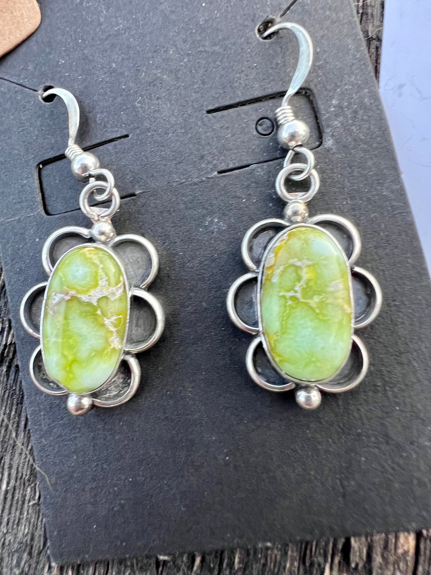 Navajo Handmade Sterling & Palomino Variscite Dangle Earrings 1.5β
