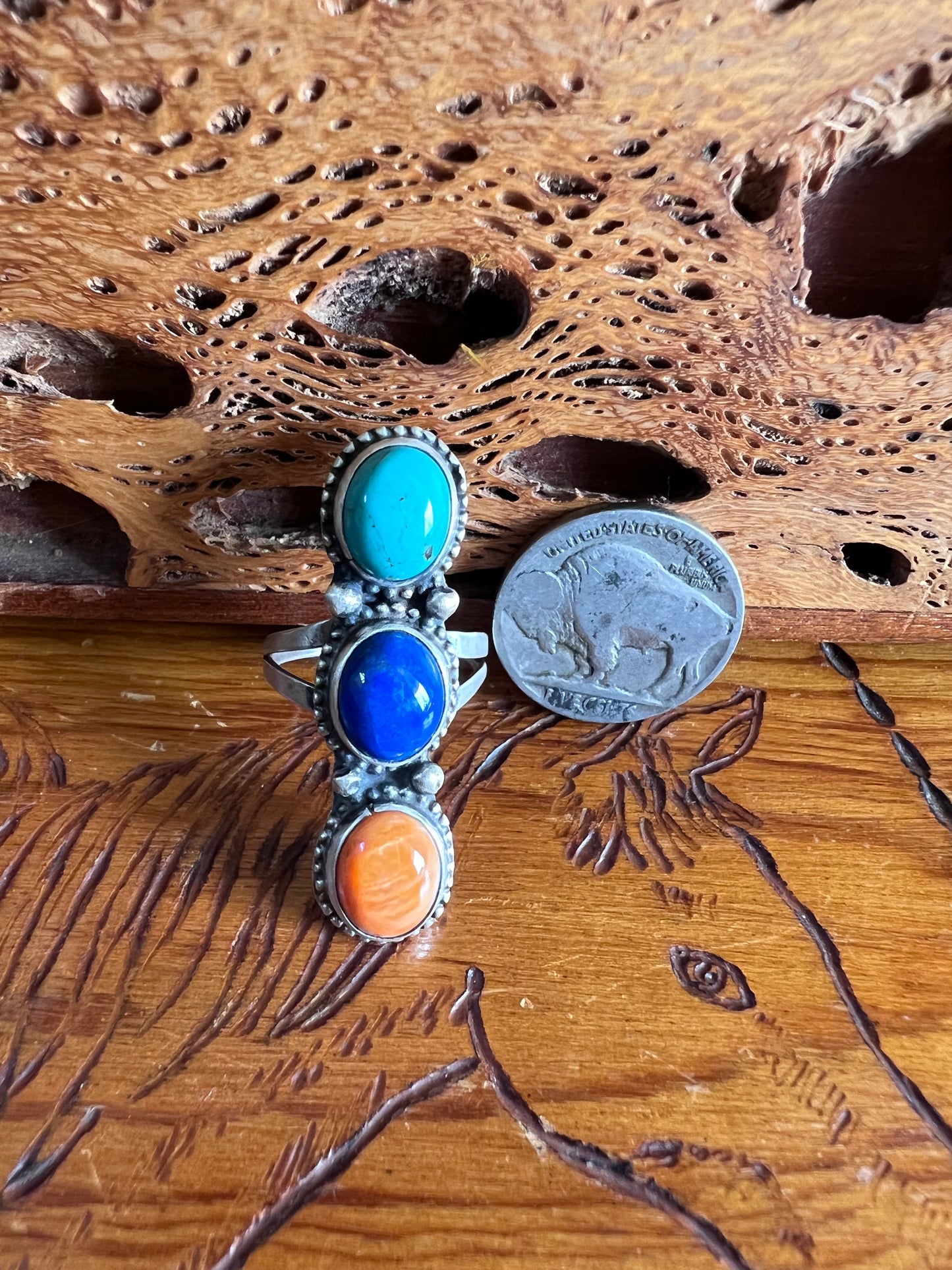 Native American Handmade Sterling, Orange Spiny, Blue Lapis & Tyrone Turquoise Ring Sz. 6 3/4