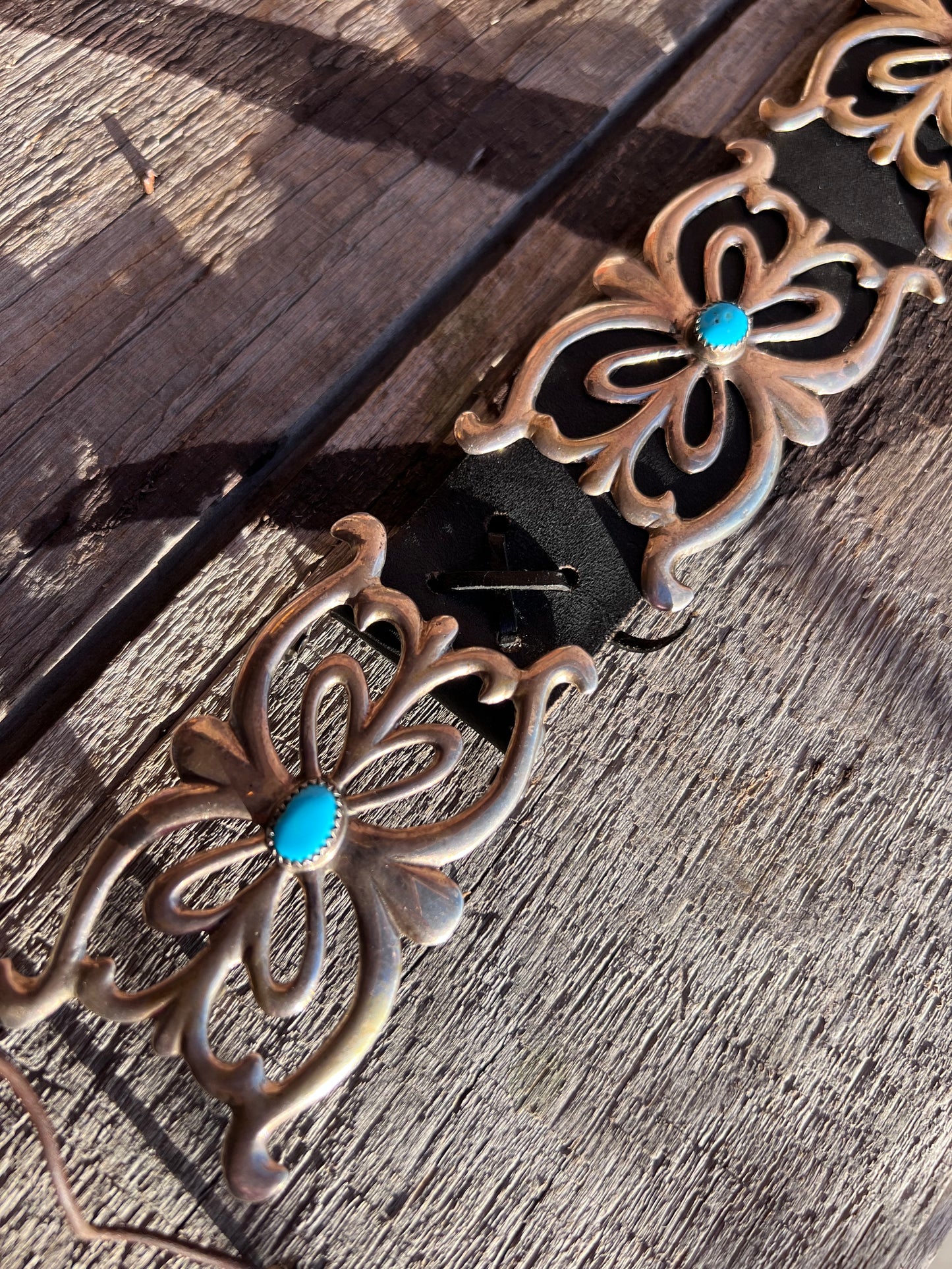 Vintage Navajo Handmade  Sterling Silver Sandcast Buckle Belt with Kingman Turquoise 35”
