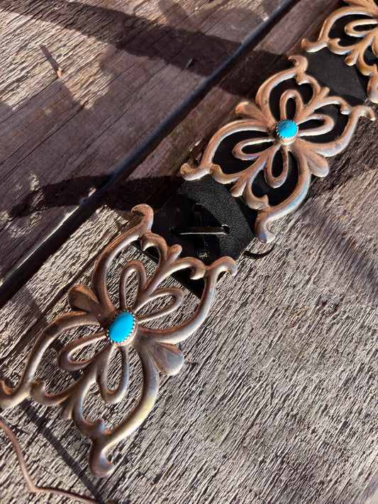 Vintage Navajo Handmade  Sterling Silver Sandcast Buckle Belt with Kingman Turquoise 35β