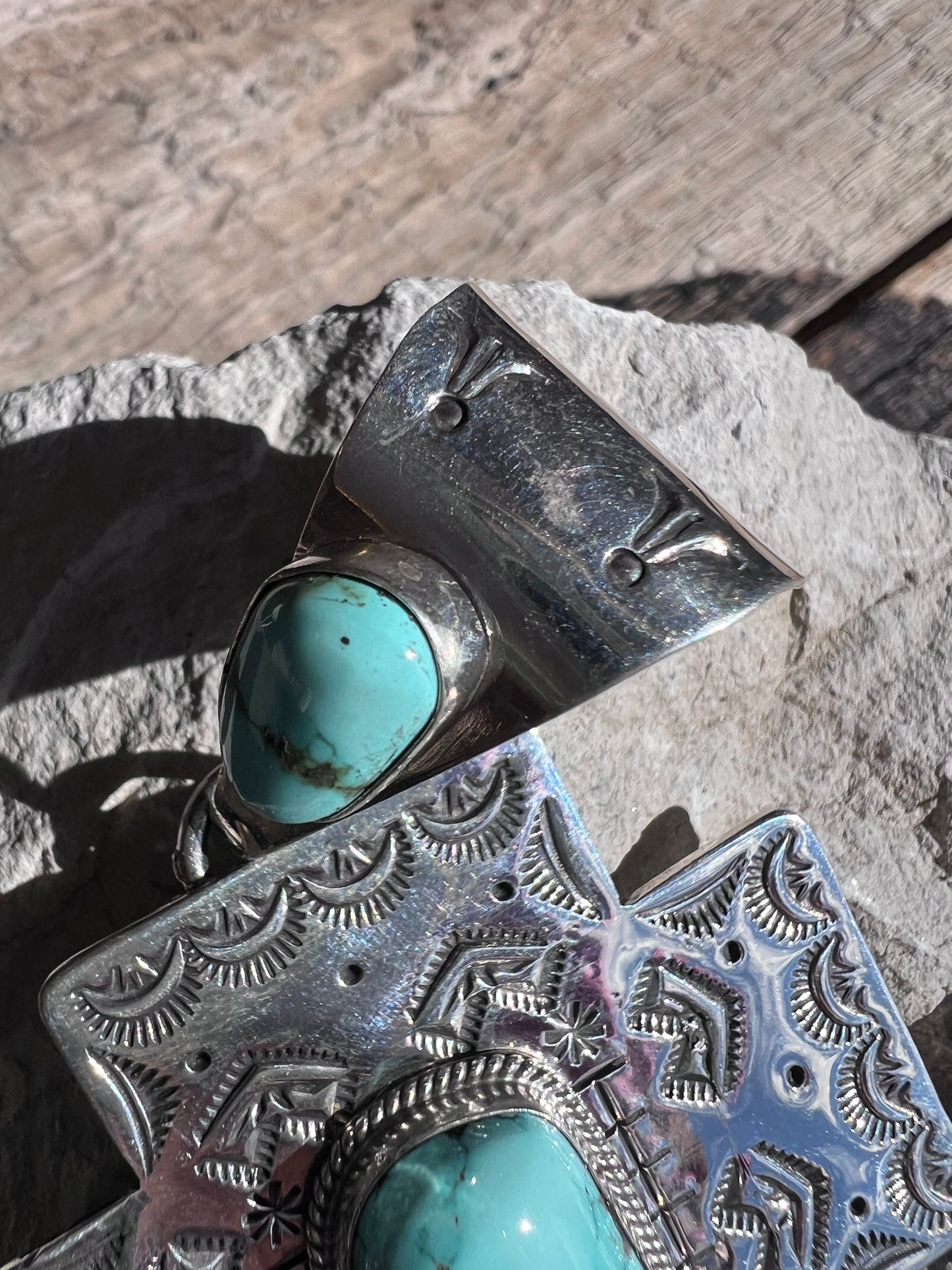 Native American Handmade by Eula Wylie. Lone Mountain Turquoise & Sterling Silver Cross Pendant