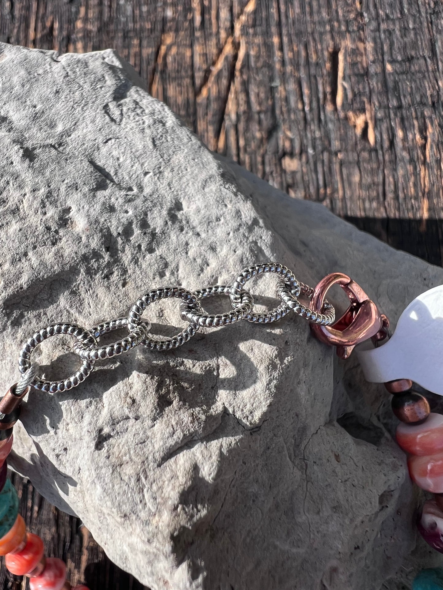 Southwest Handmade Copper, Orange, Red & Purple Spiny, Turquoise& Lapis Beaded Bracelet Sz 7-8β