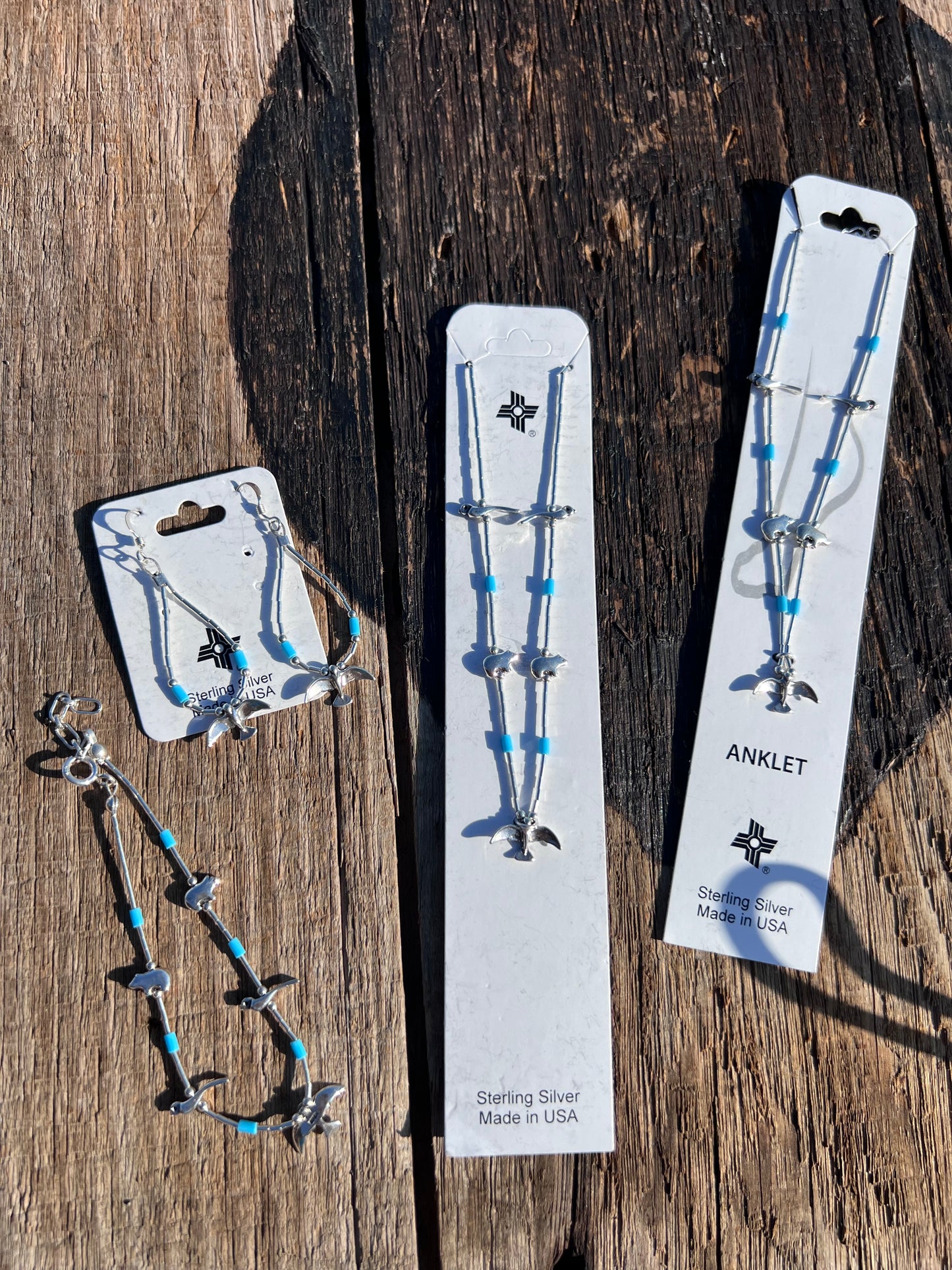 All Sterling-Liquid Silver, Fetish & Turquoise Bead Necklace 16”, Earrings 2”, Ankle 9” & Wrist 7-8”Bracelet Set