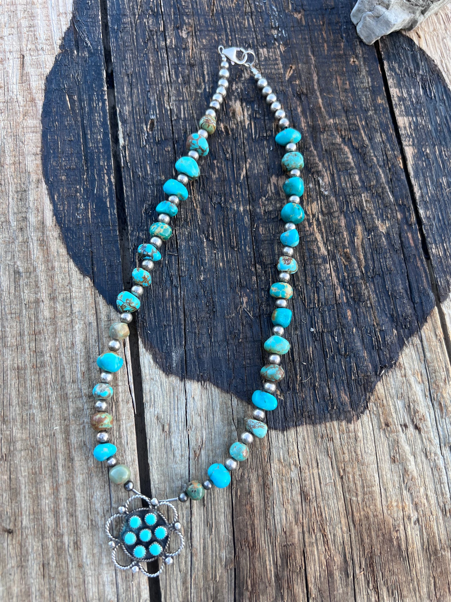 Vintage Turquoise Nugget(8mm), Sterling bead(5mm), Vintage Broach(11mm) Necklace 18β