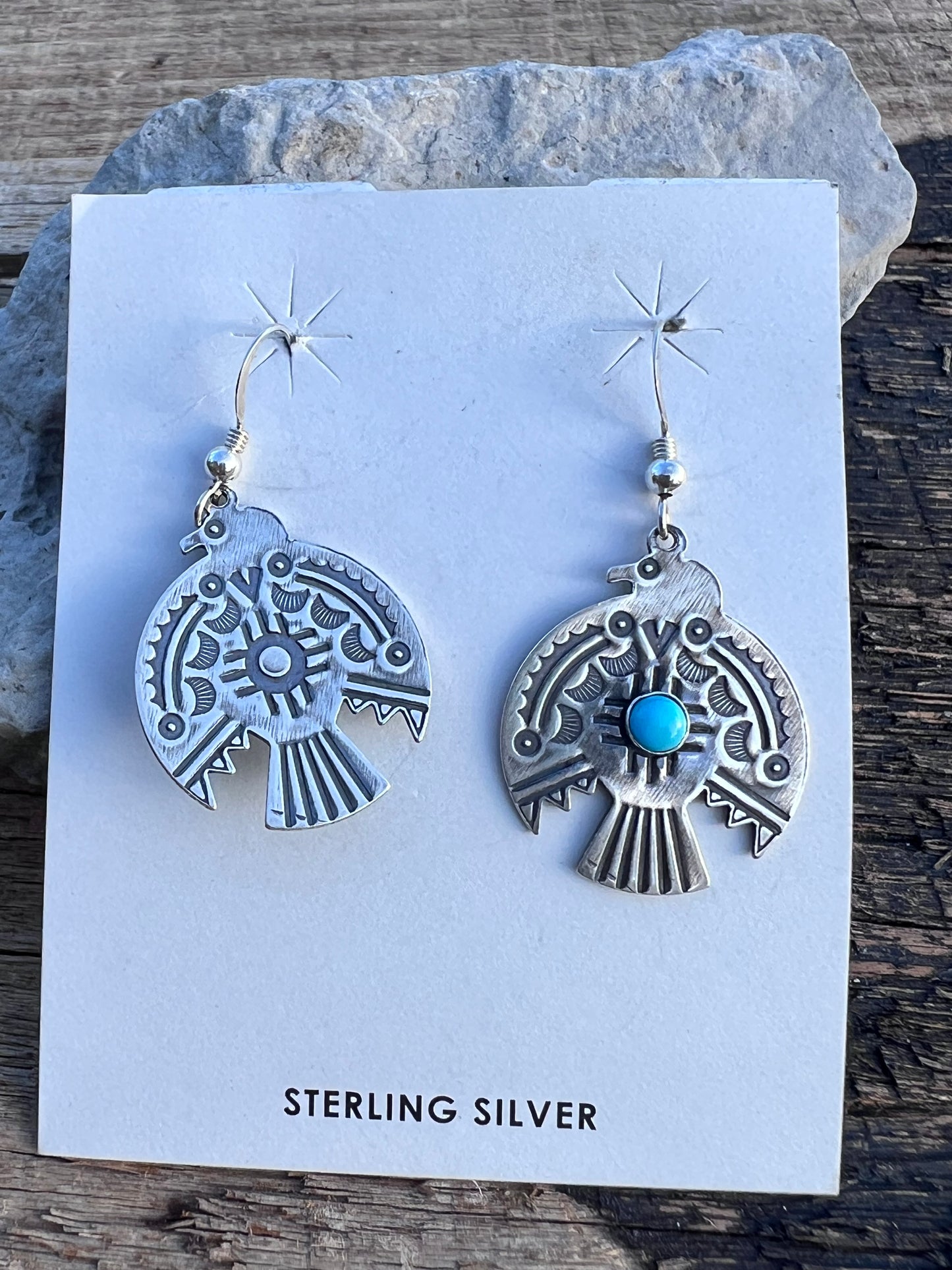 Native American Handmade Sterling Silver Stamped Thunderbird Dangle Earrings 1.75β