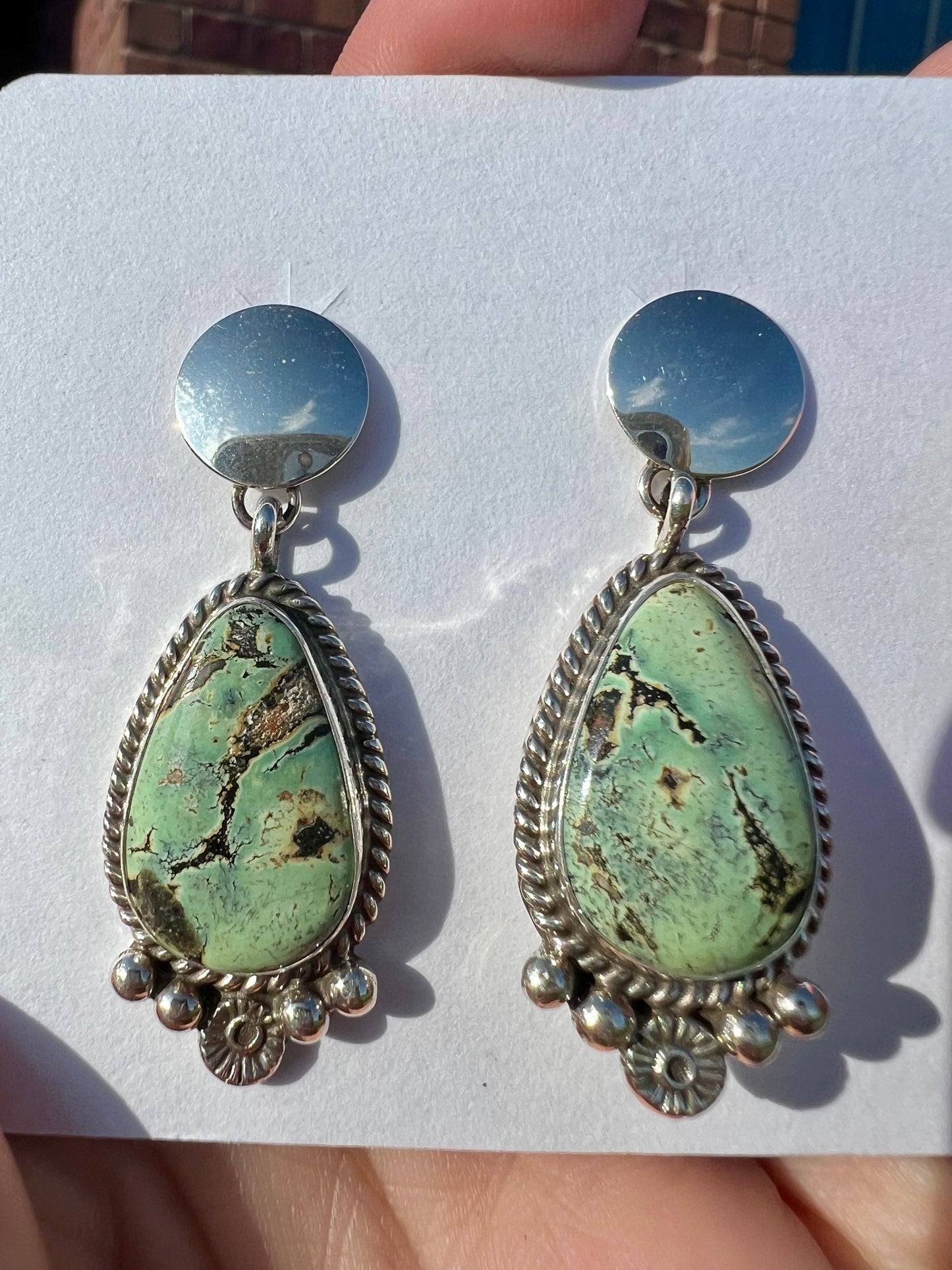 Native American Handmade by Ella Linkin- New Lander Variscite Post Earrings 1.7β long