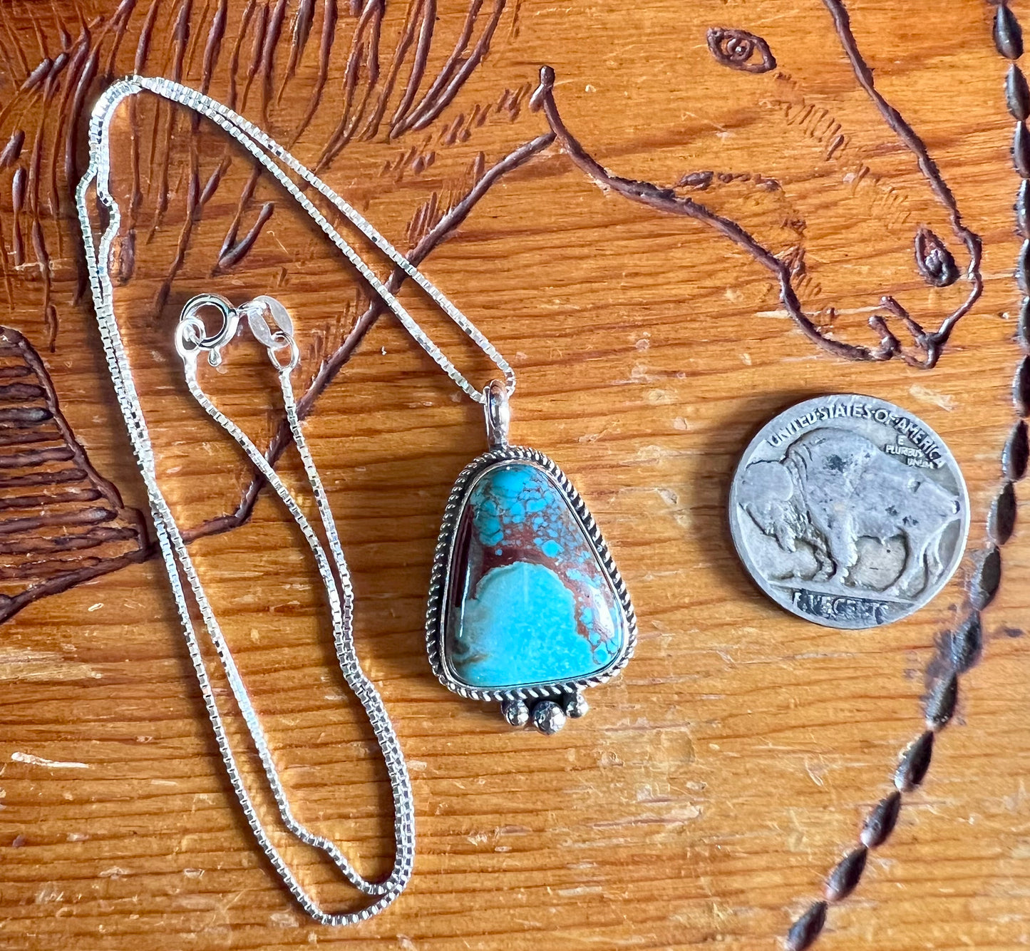 Handmade Sterling & Carico Lake Turquoise Pendant w/ 16” Sterling Box Chain