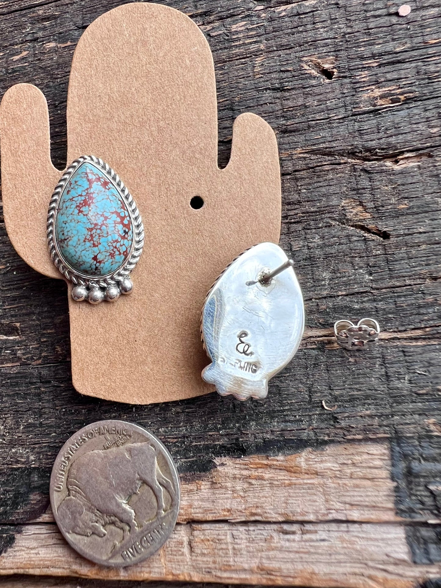 Navajo Handmade Sterling & Prince Turquoise Post Earrings 1”