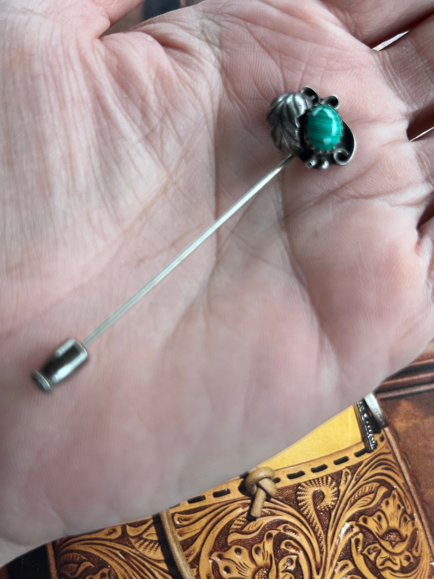 Vintage 1940βs Sterling & Malachite Hat Pin
