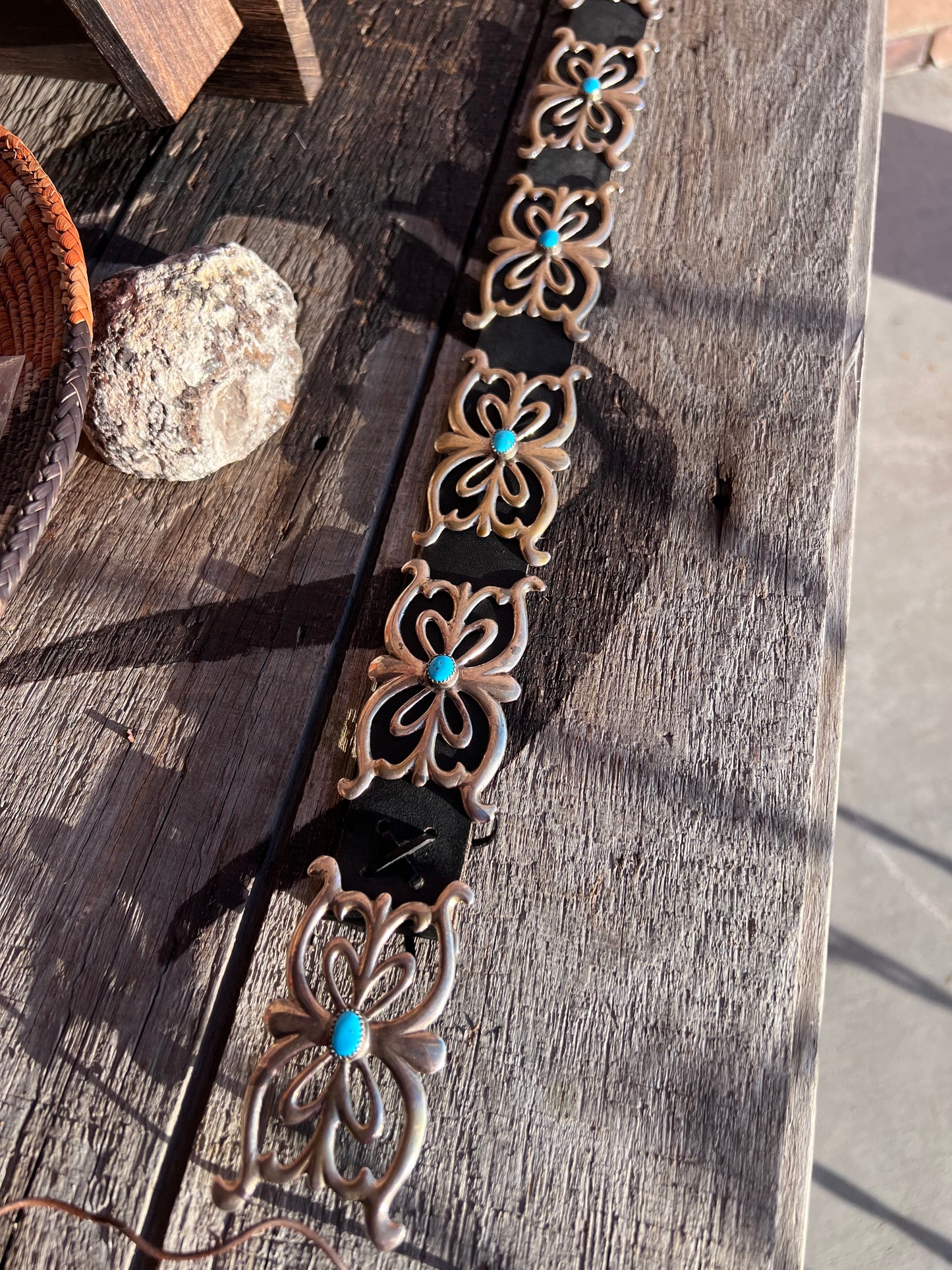 Vintage Navajo Handmade  Sterling Silver Sandcast Buckle Belt with Kingman Turquoise 35”