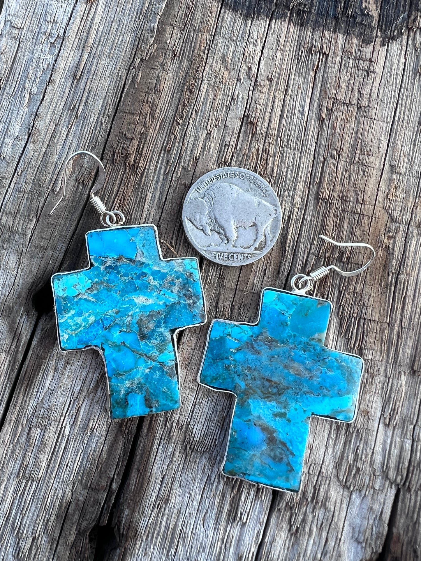 Native American Handmade Kingman Turquoise Cross and Sterling Silver Slab Earrings by Veronica Tortalita. 2” x 1“