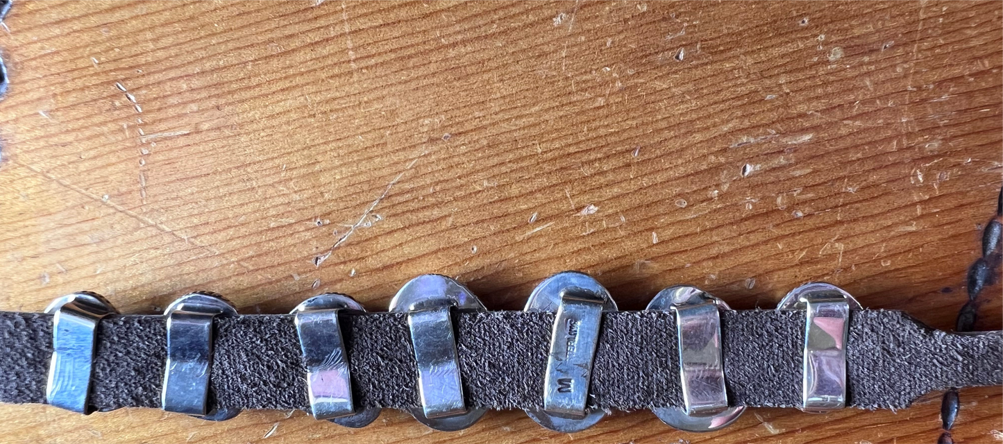 Native American Handmade Sterling, Turquoise on Leather Bracelet Sz 6.5-9”