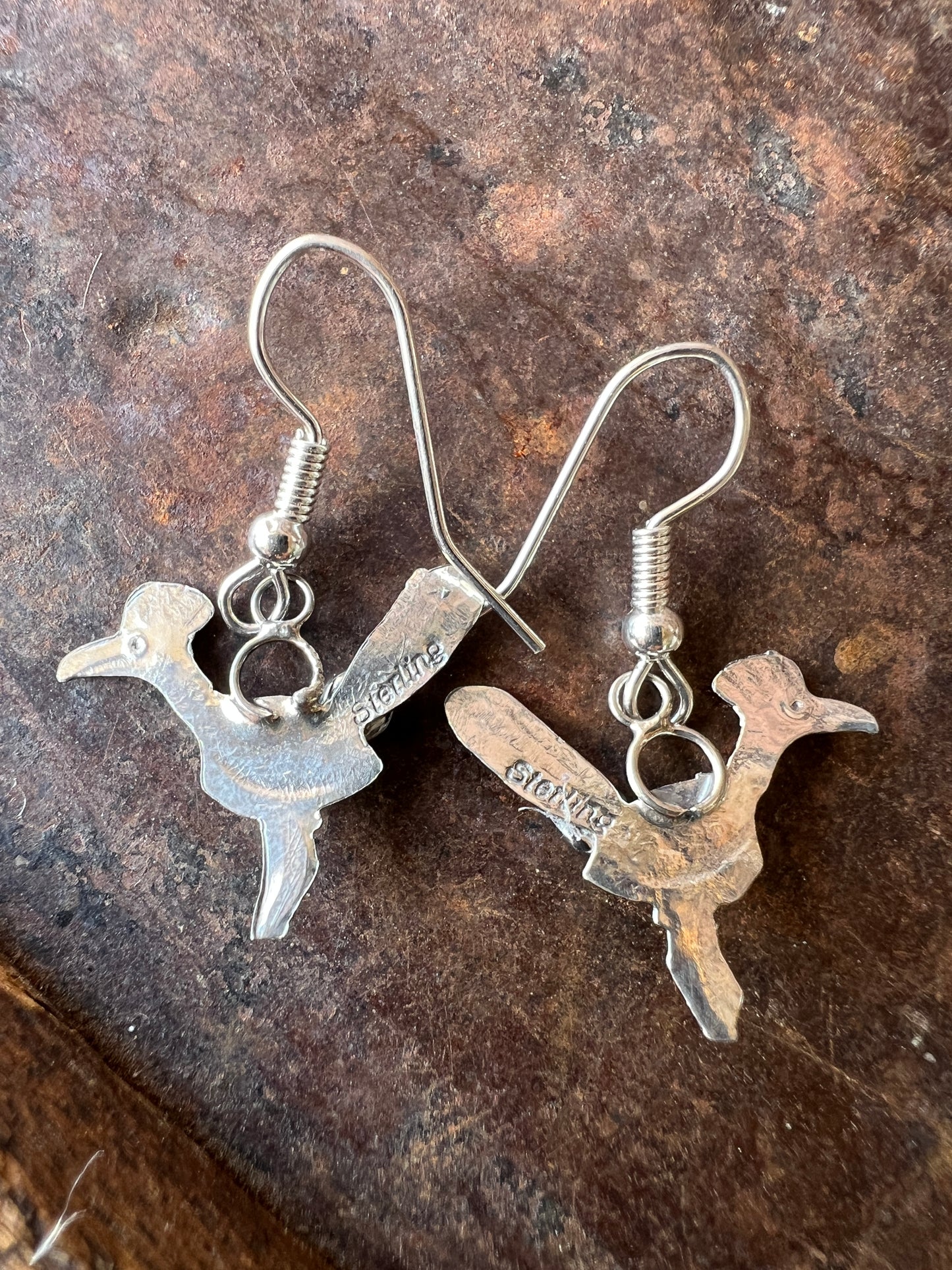 Dainty Handmade by Lucille Platero (Navajo) Turquoise & Sterling Silver Roadrunner Earrings 1.25” Length