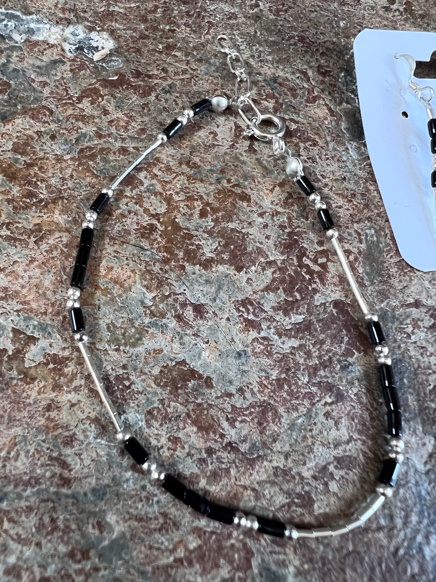 Southwest Handmade Sterling & Onyx Dangle Earrings, Wrist & Ankle Bracelet Set
