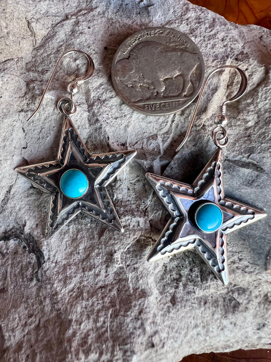 Southwest Sterling & Turquoise Star Dangle Earrings