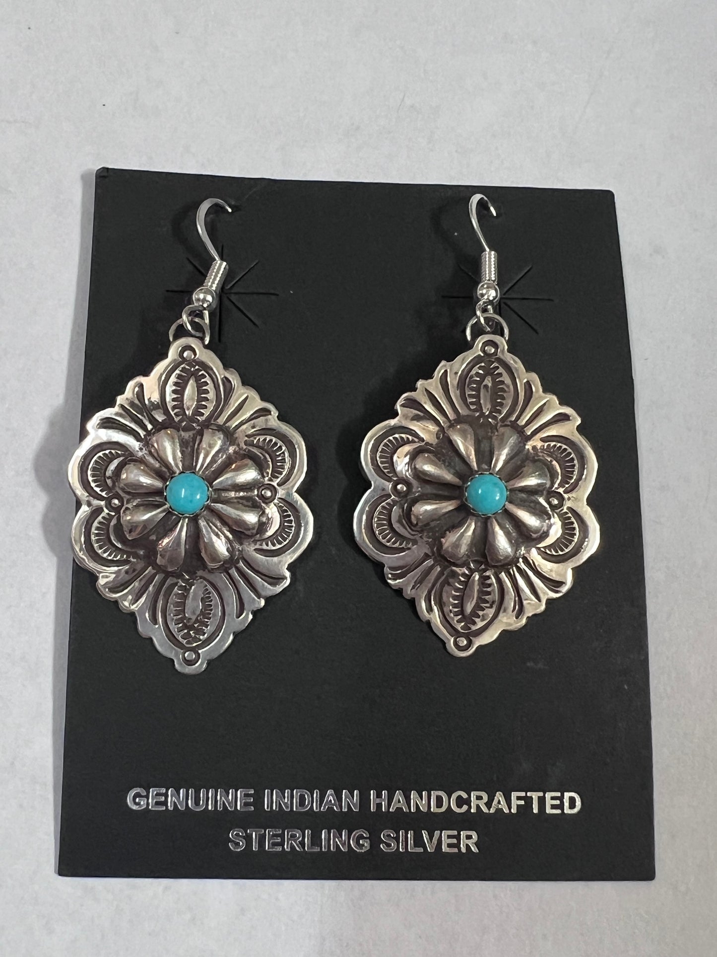 Native American Handmade Sterling & Turquoise Concho Dangle Earrings 2β