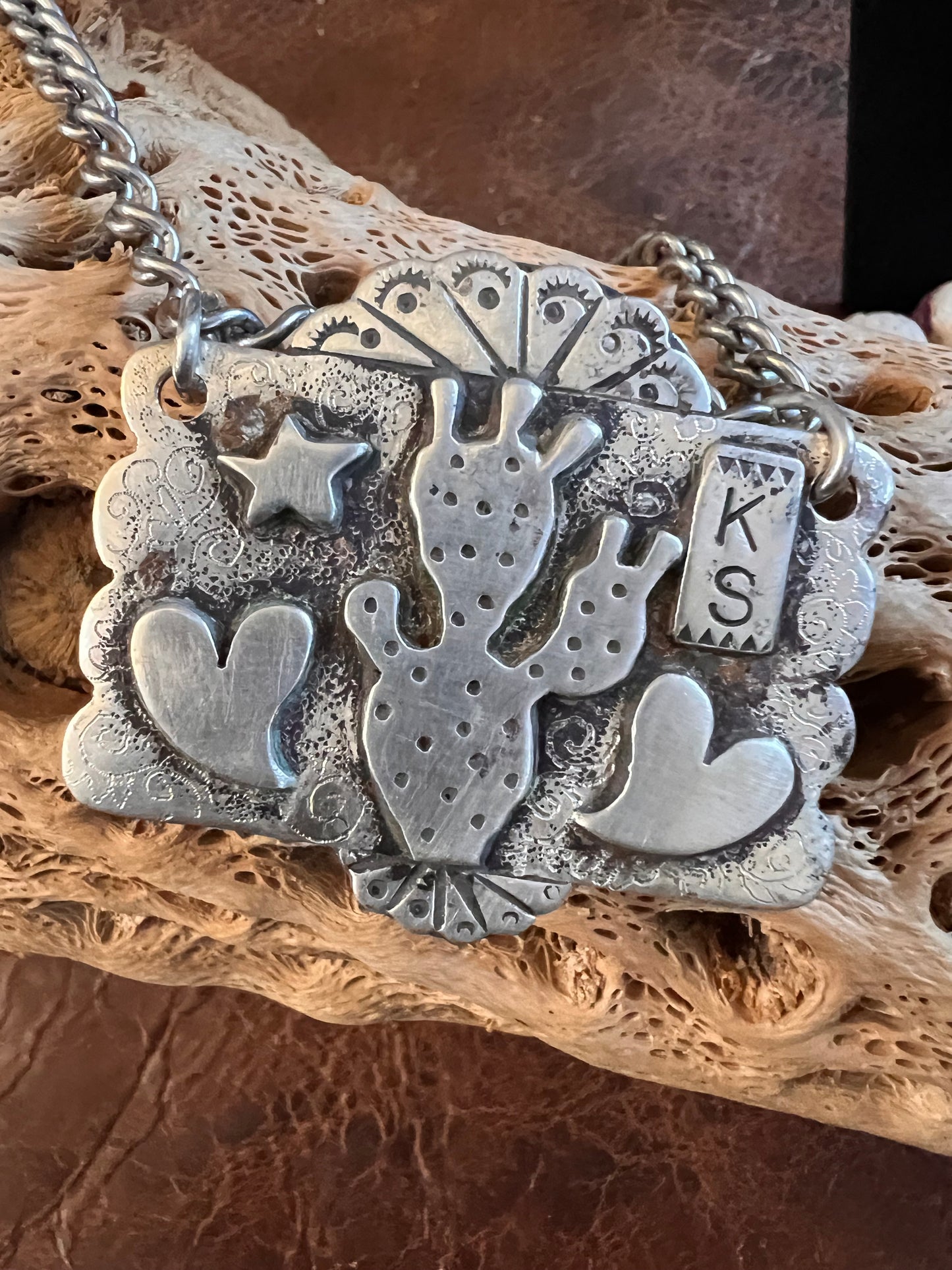 Kathy Sand’s Golden Hills Turquoise & Sterling Silver Reversible Pendant with Cactus Design on a Heavy Sterling Chain Necklace