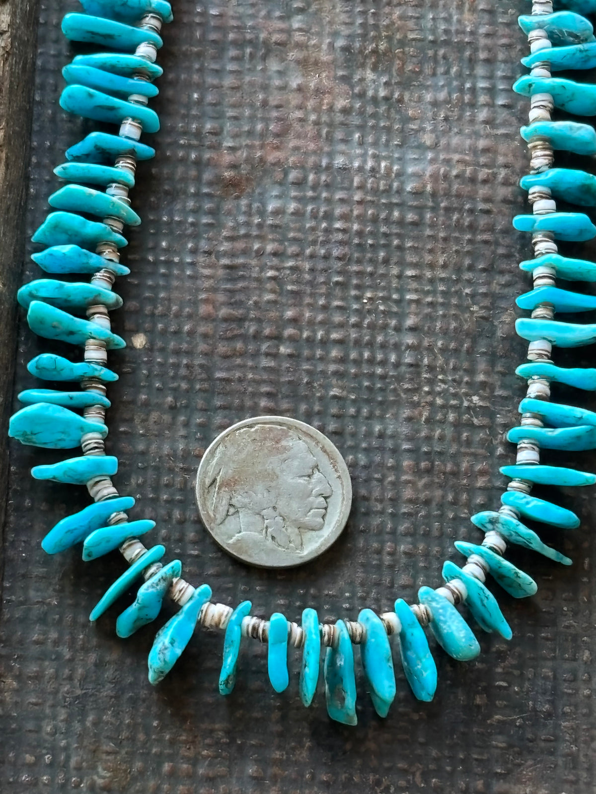 Turquoise & Olive Shell Heishi Necklace 15β