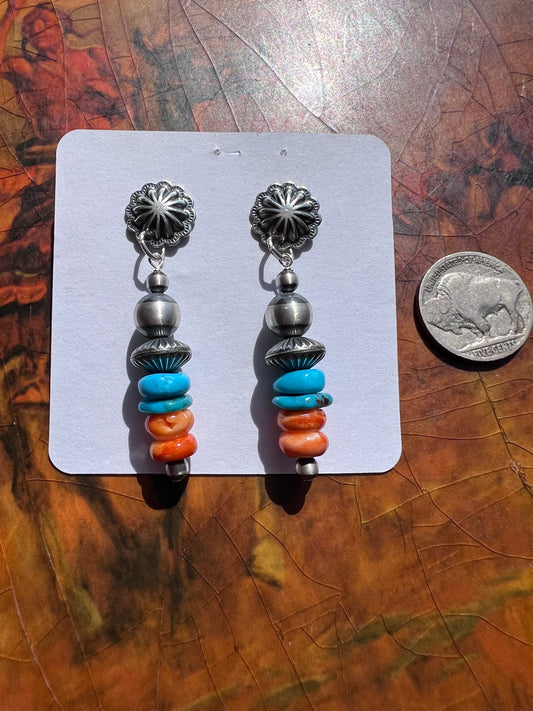 Sterling Silver with Orange Spiny & Kingman Turquoise Post Earrings 2β length