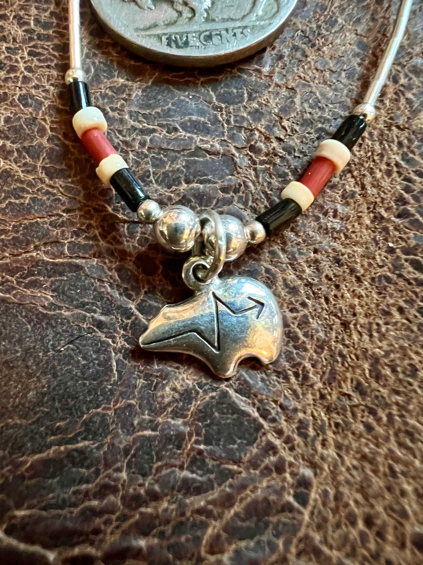 Sterling Silver, Black Jet and Coral Bear Liquid Silver Necklace 16” & Post Earrings Set