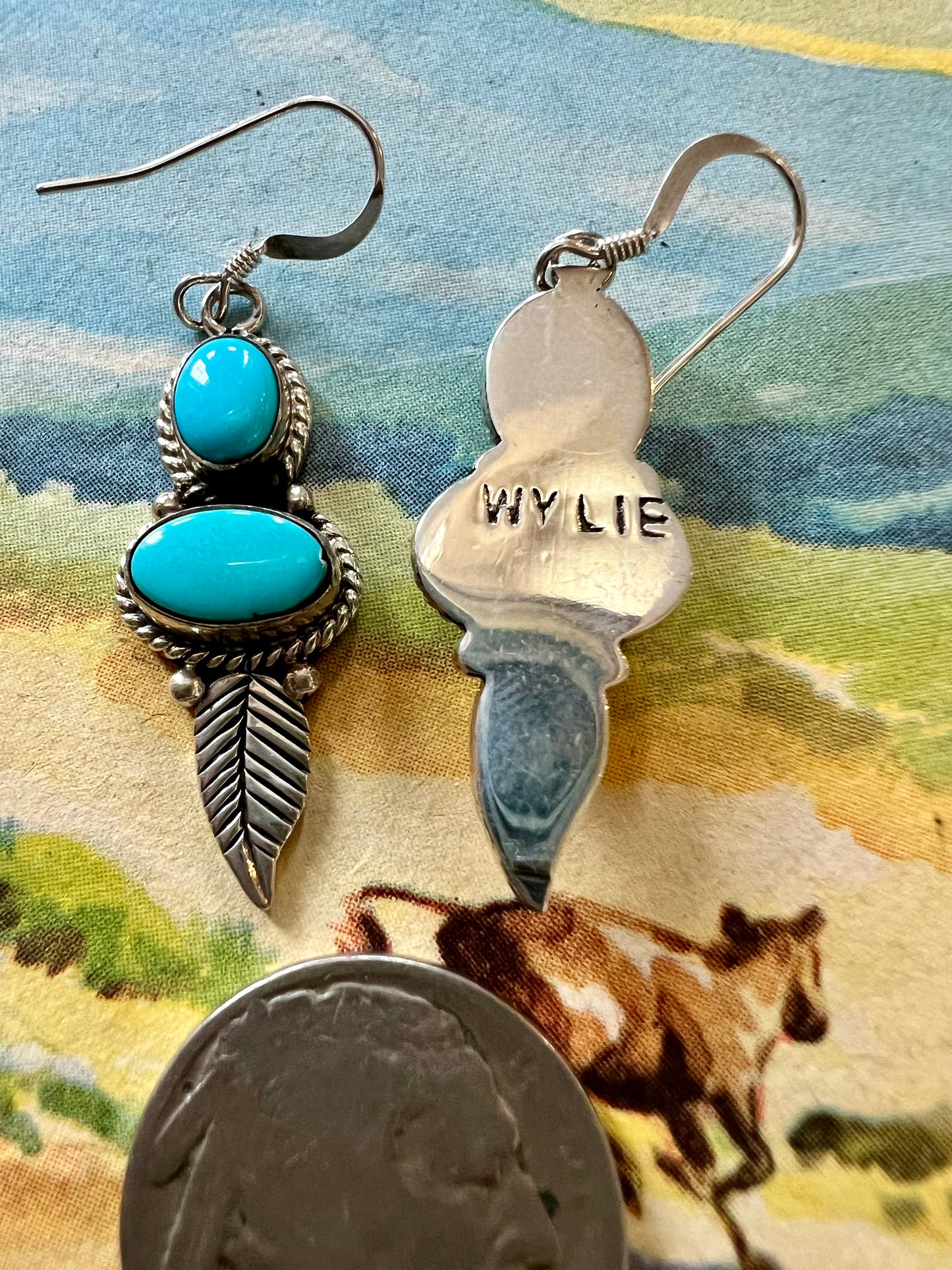 Navajo Handmade by E. Wylie. Sleeping Beauty Turquoise 2-stone & Sterling Silver Dangle Feather Earrings 1 3/4β