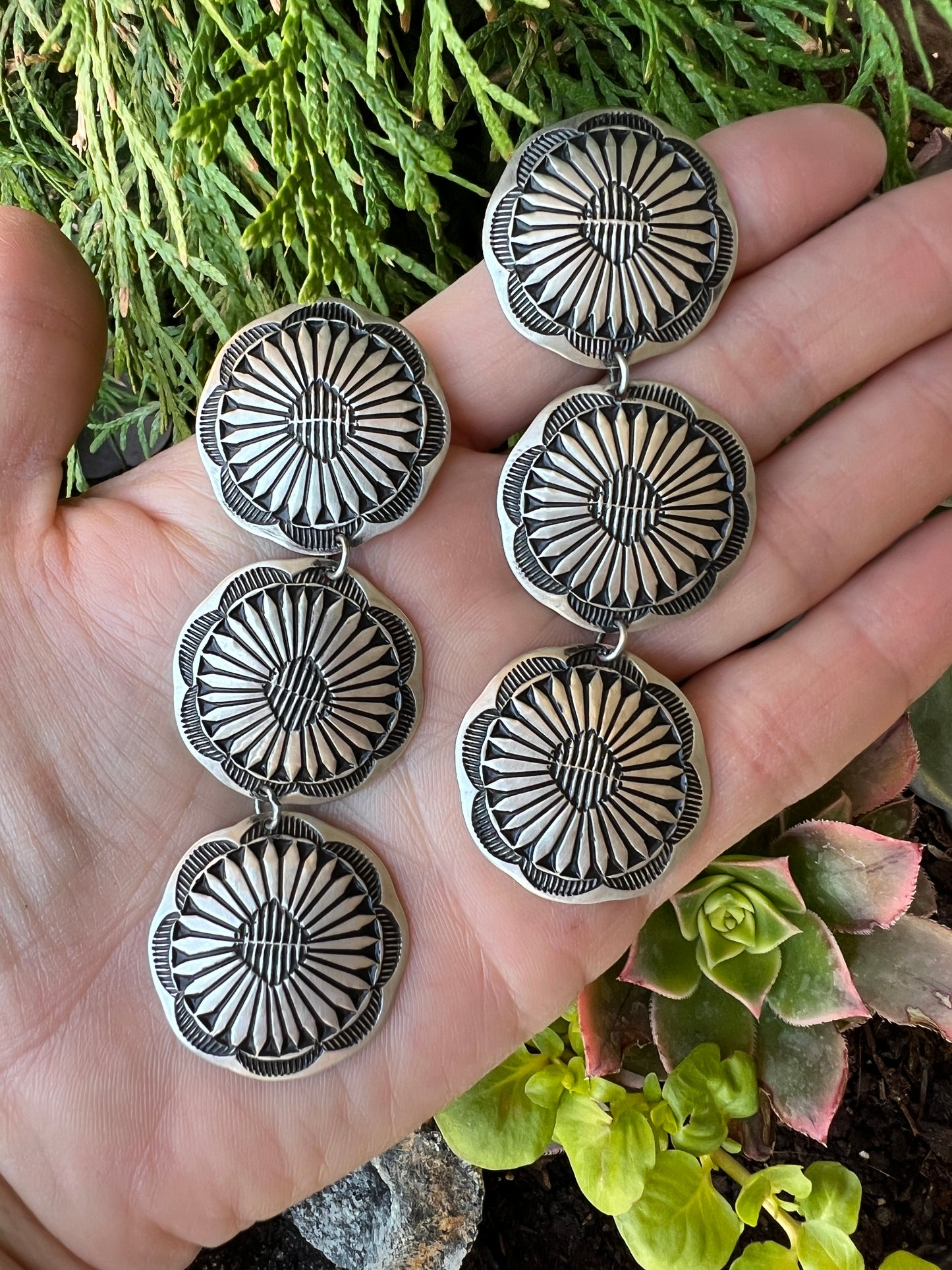 Handmade by Leander Tahe Sterling Stamped 3-Concho(1 1/8β)Post Dangle Earrings 3.5β