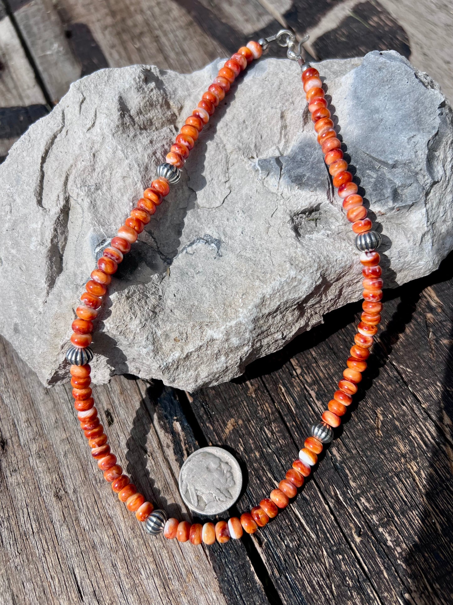 Orange Spiny Oyster Rondelle Beads 6mm & Sterling Corrugated Beads 8mm Necklace 16.5β