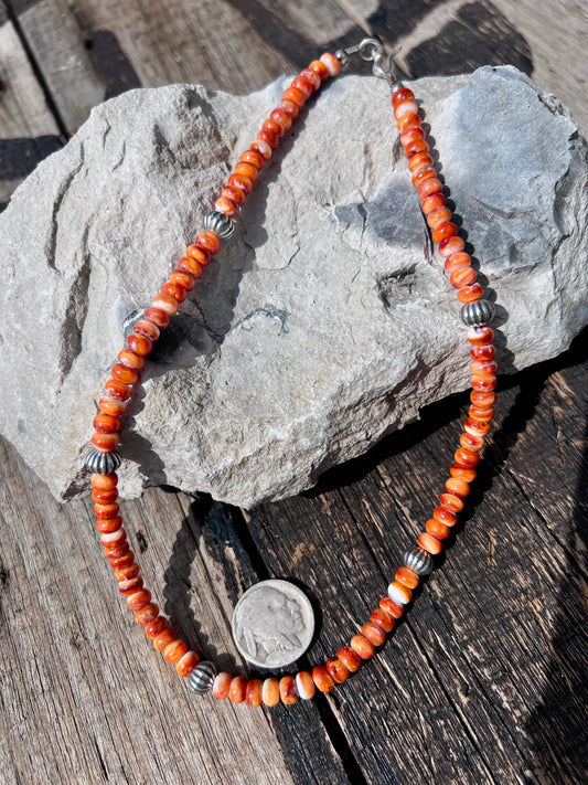 Orange Spiny Oyster Rondelle Beads 6mm & Sterling Corrugated Beads 8mm Necklace 16.5β