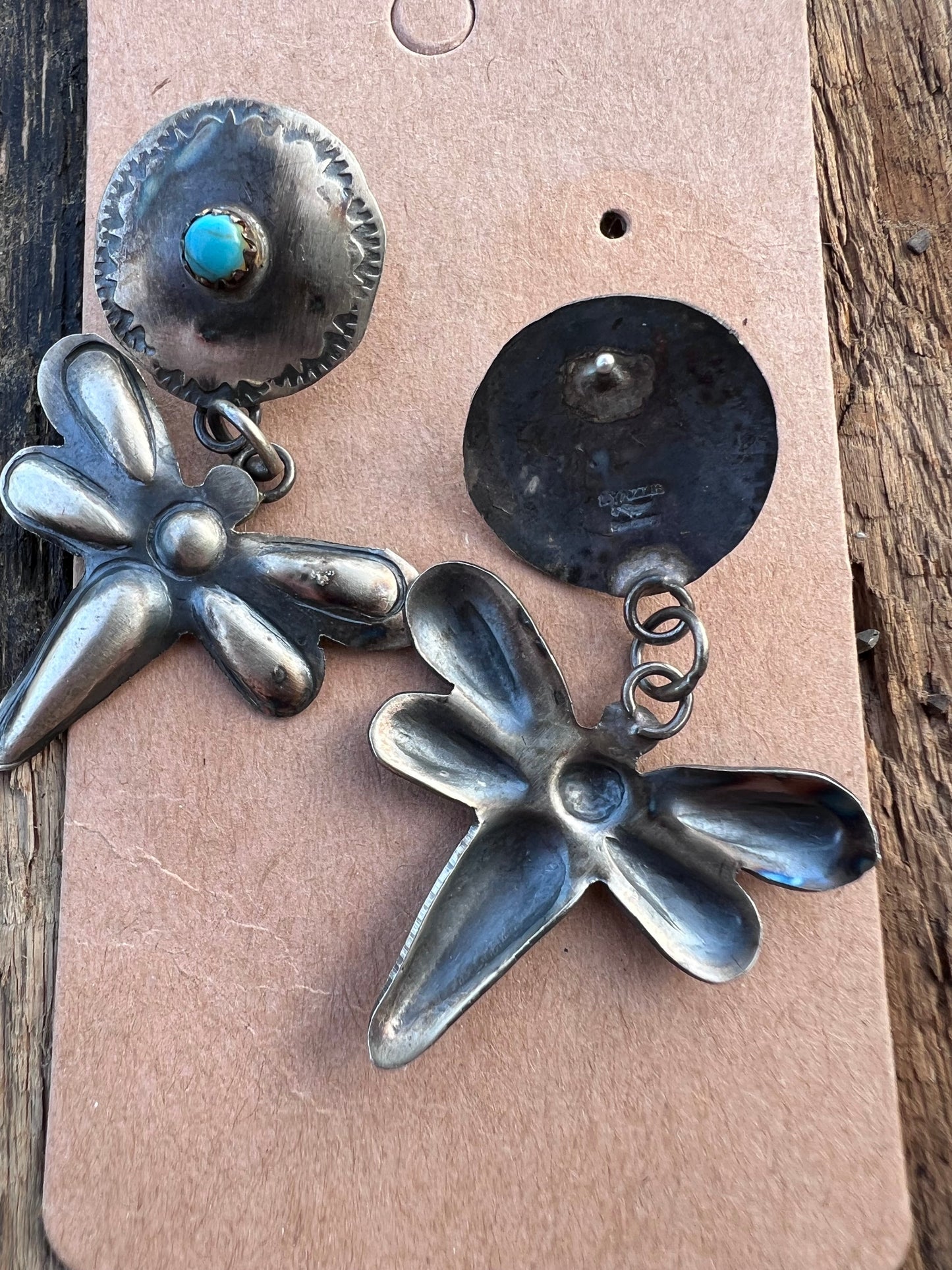 Navajo Handmade Leslie Yazzie Sterling & Turquoise Firefly Earrings 2”