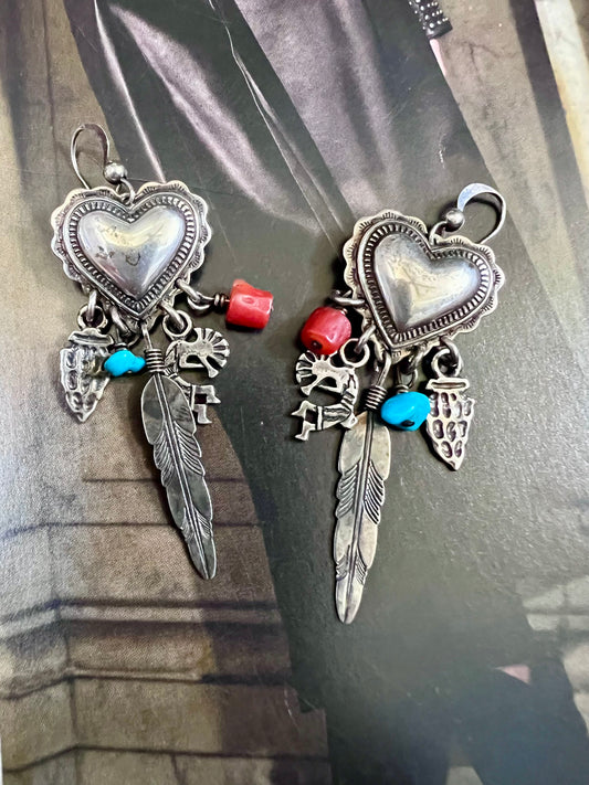 Sterling Silver, Red Coral & Turquoise Heart, Arrowhead, Kokopelli & Feather Dangle Post Earrings 2.5β