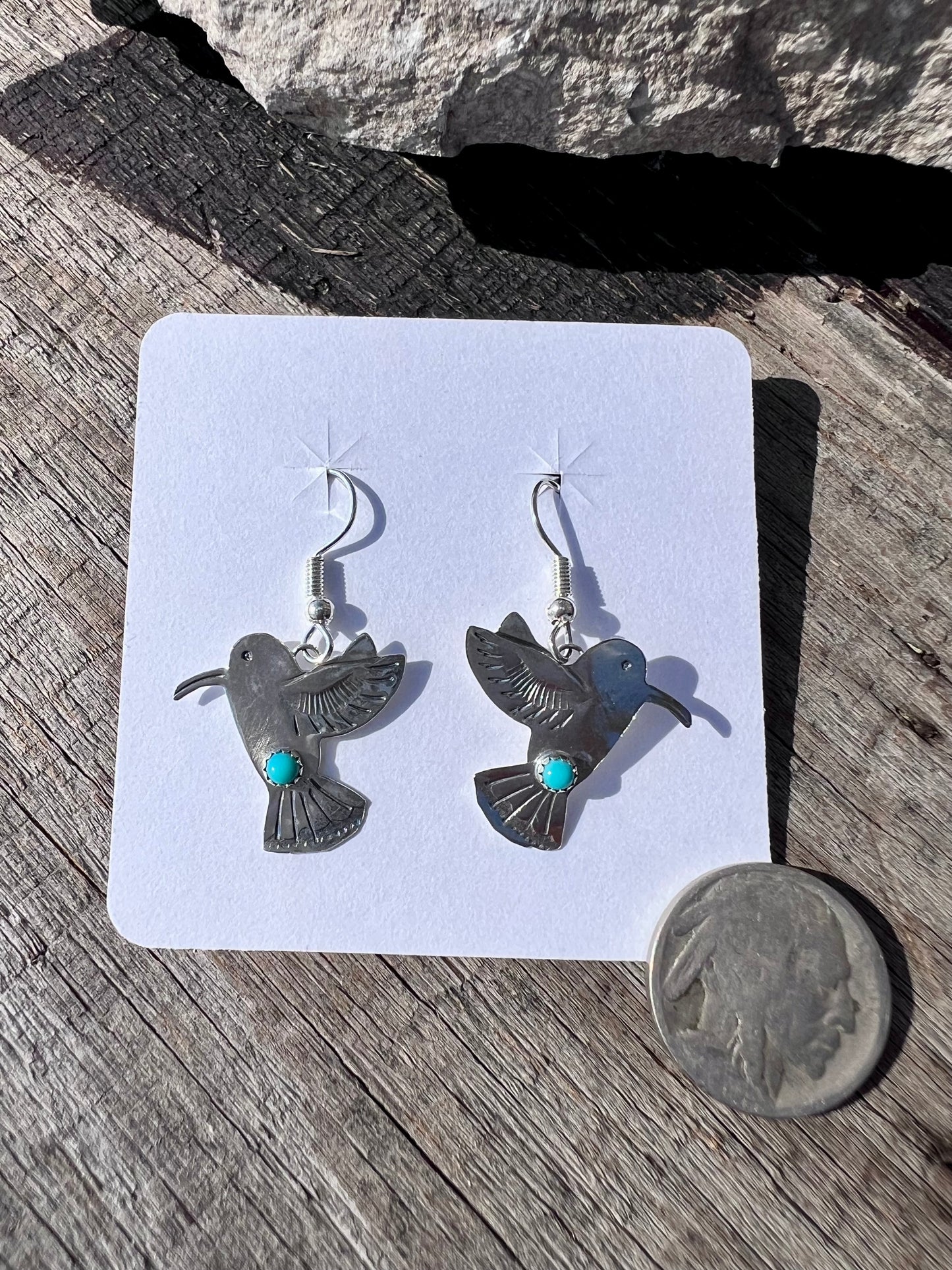 Handmade Sterling Silver & Turquoise Hummingbird Dangle Earrings 1.4”