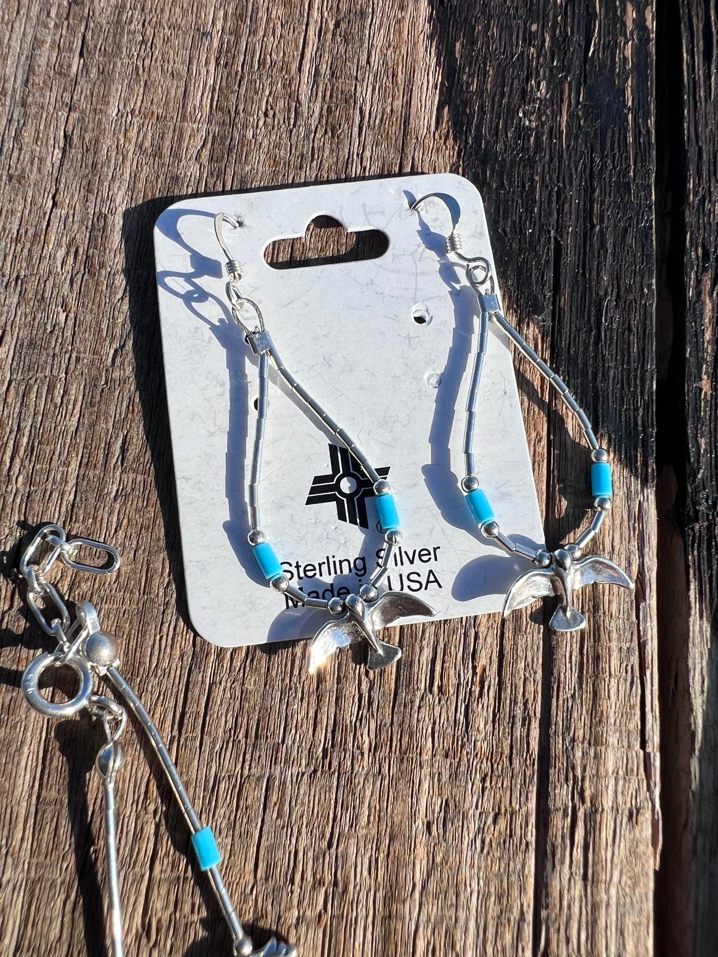 All Sterling-Liquid Silver, Fetish & Turquoise Bead Necklace 16”, Earrings 2”, Ankle 9” & Wrist 7-8”Bracelet Set