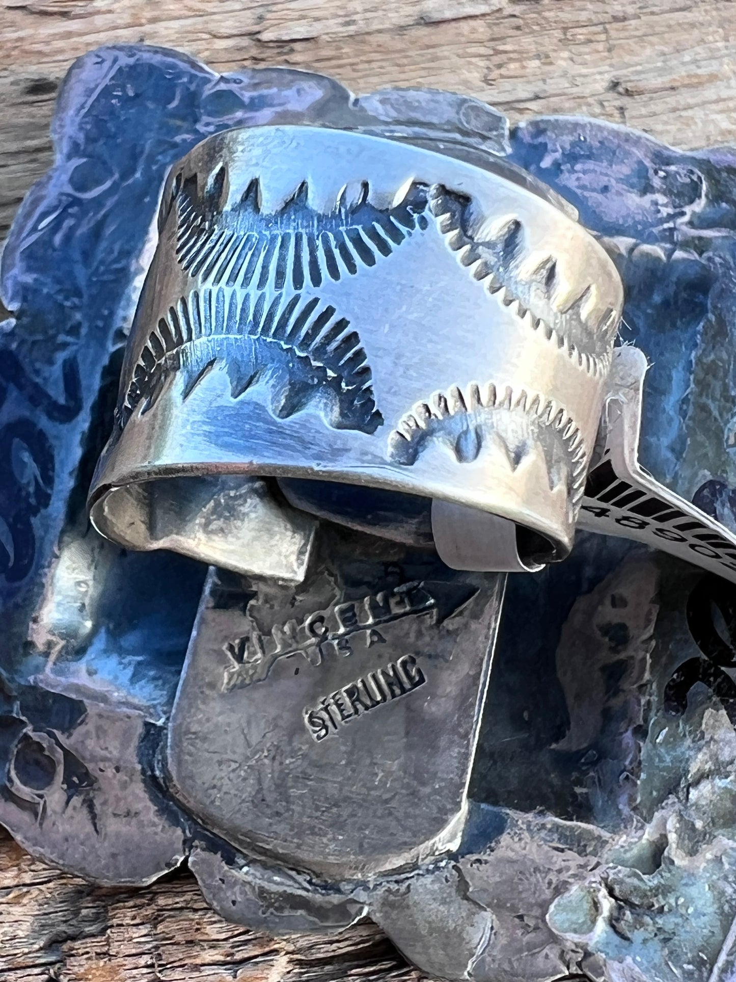 Native American Handmade by Vincent Platero- Large Sterling Stamped Square 1 5/8” Ring Sz 6-9”adjustable