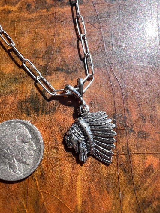 Sterling Chief Head Pendant & Paperclip High-shine Sterling Necklace 16β
