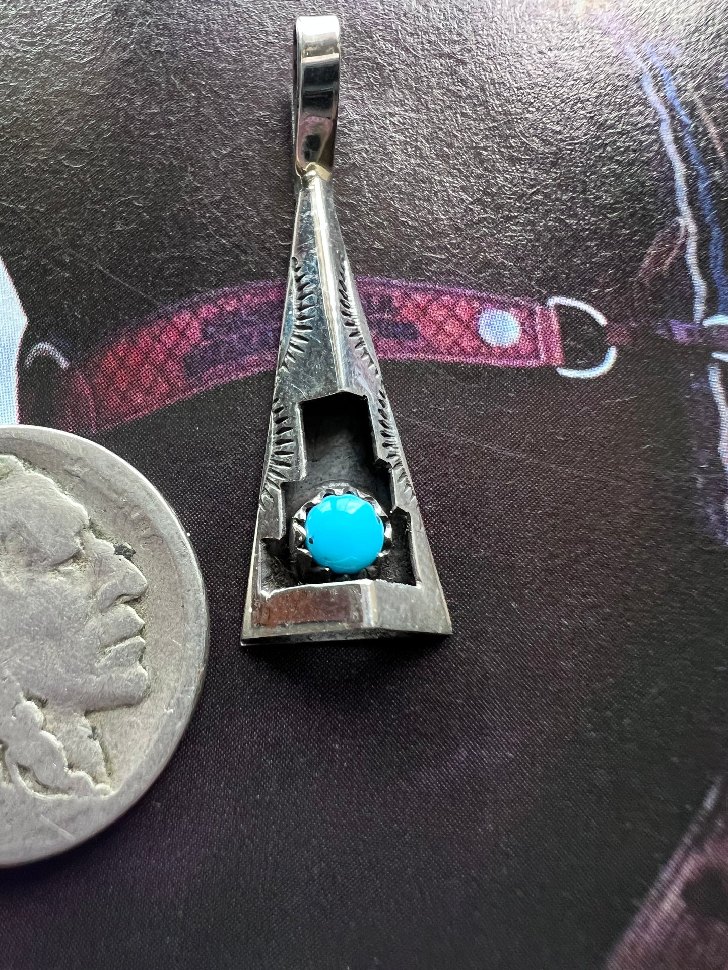 Native American Handmade Sterling & Turquoise Shadowbox Tepee Pendant 1.3” x .4”