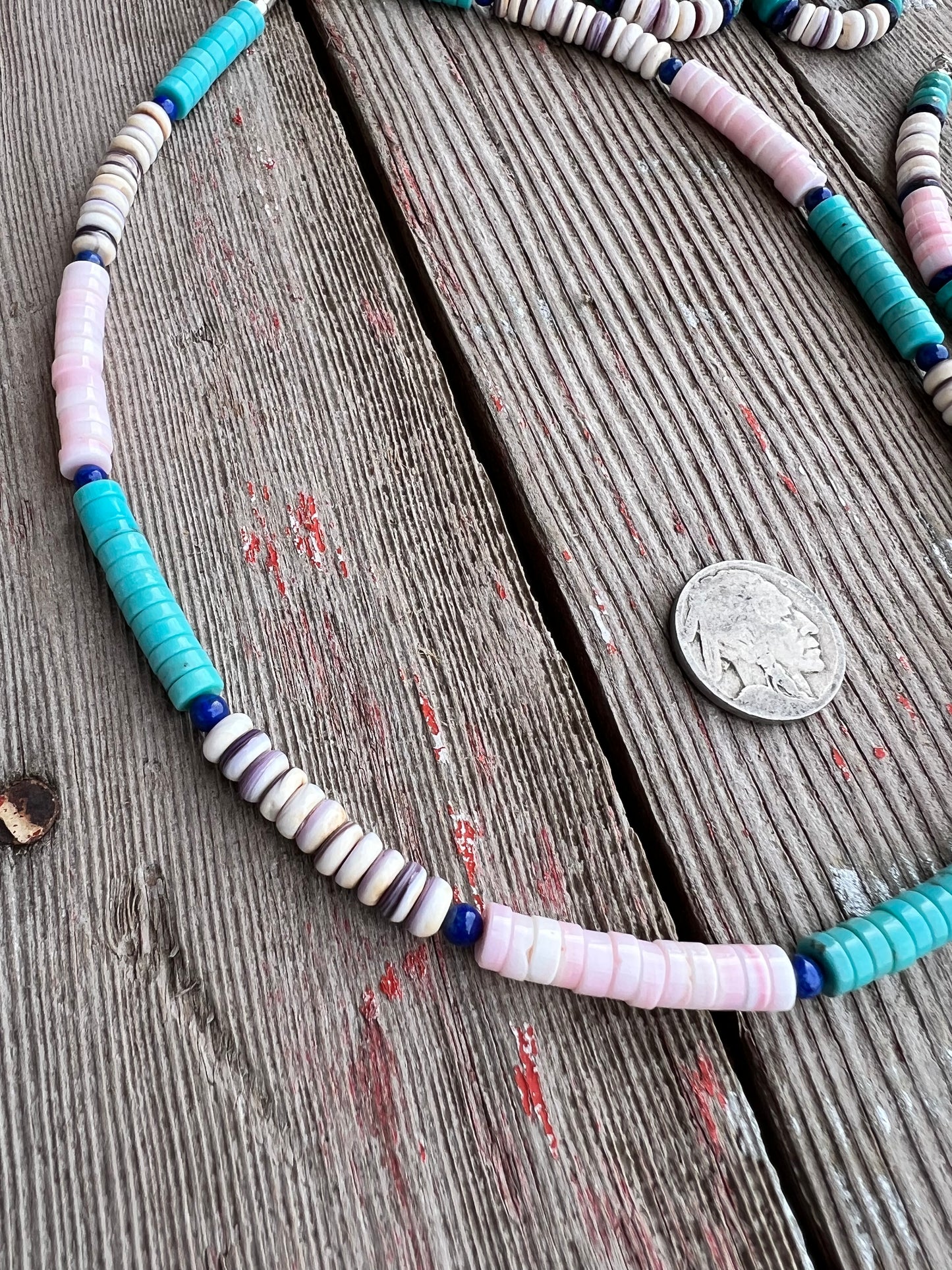 Lapis, Pink Conch, Turquoise, Wampum w/ Sterling Bracelet, Necklace & Earring Set