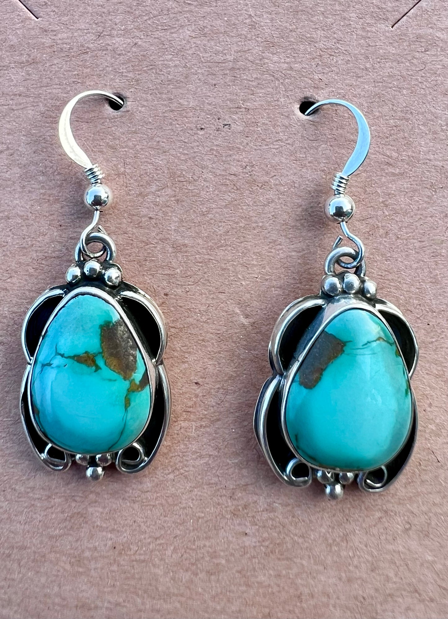 Native Navajo Handmade Sterling & Carico Lake Turquoise Dangle Earrings 1.5β