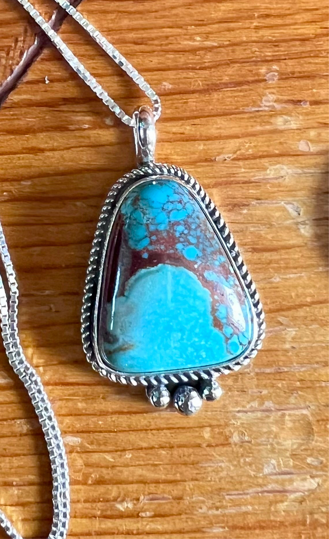 Handmade Sterling & Carico Lake Turquoise Pendant w/ 16” Sterling Box Chain