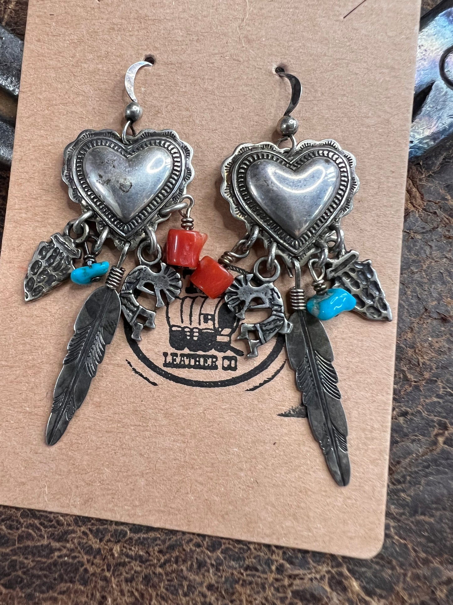 Sterling Silver, Red Coral & Turquoise Heart, Arrowhead, Kokopelli & Feather Dangle Post Earrings 2.5β