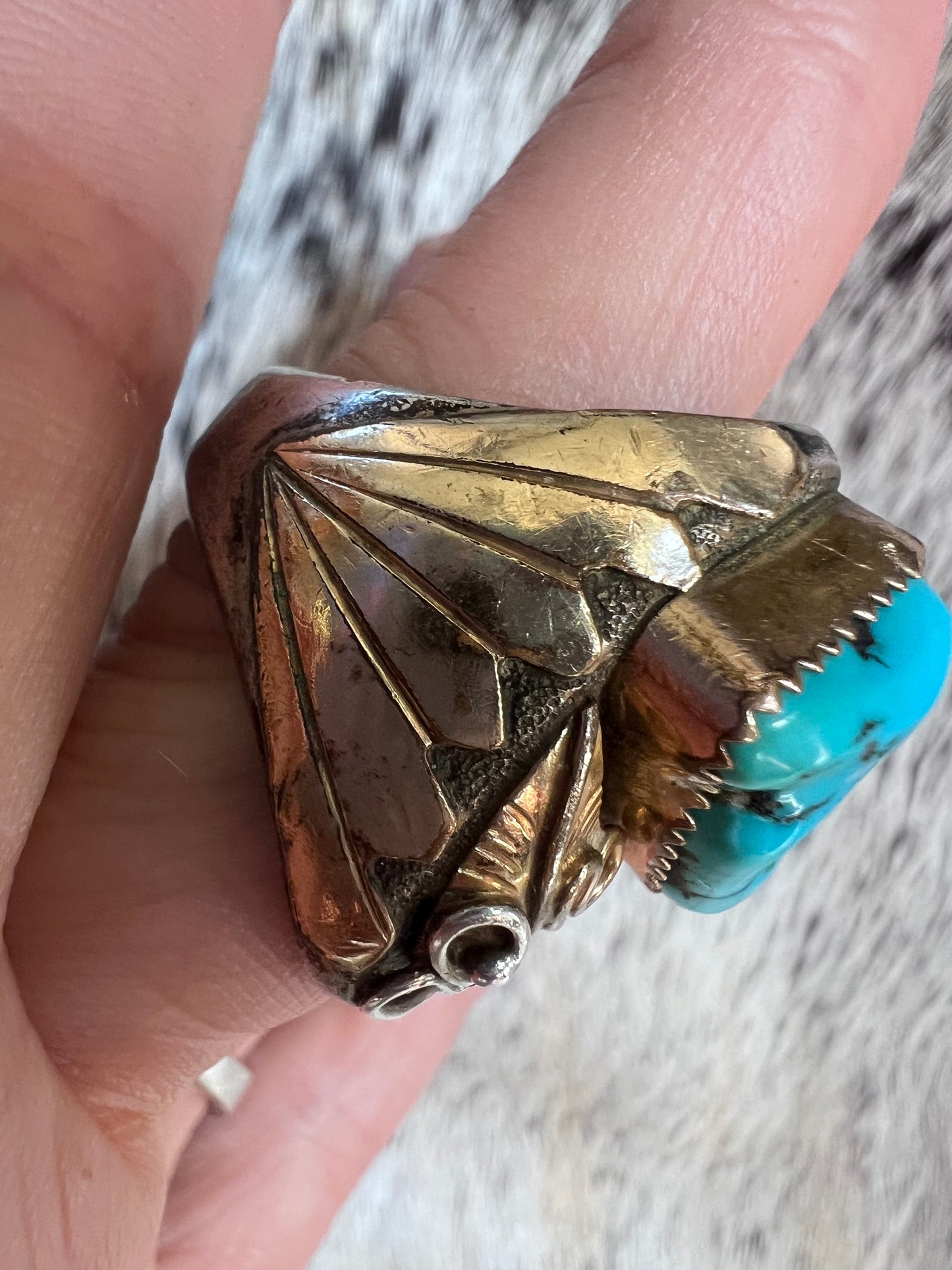 Vintage Chunky Navajo Handmade 12kt Gold Fill, Sterling & Kingman Turquoise Nugget Ring Sz 9.5