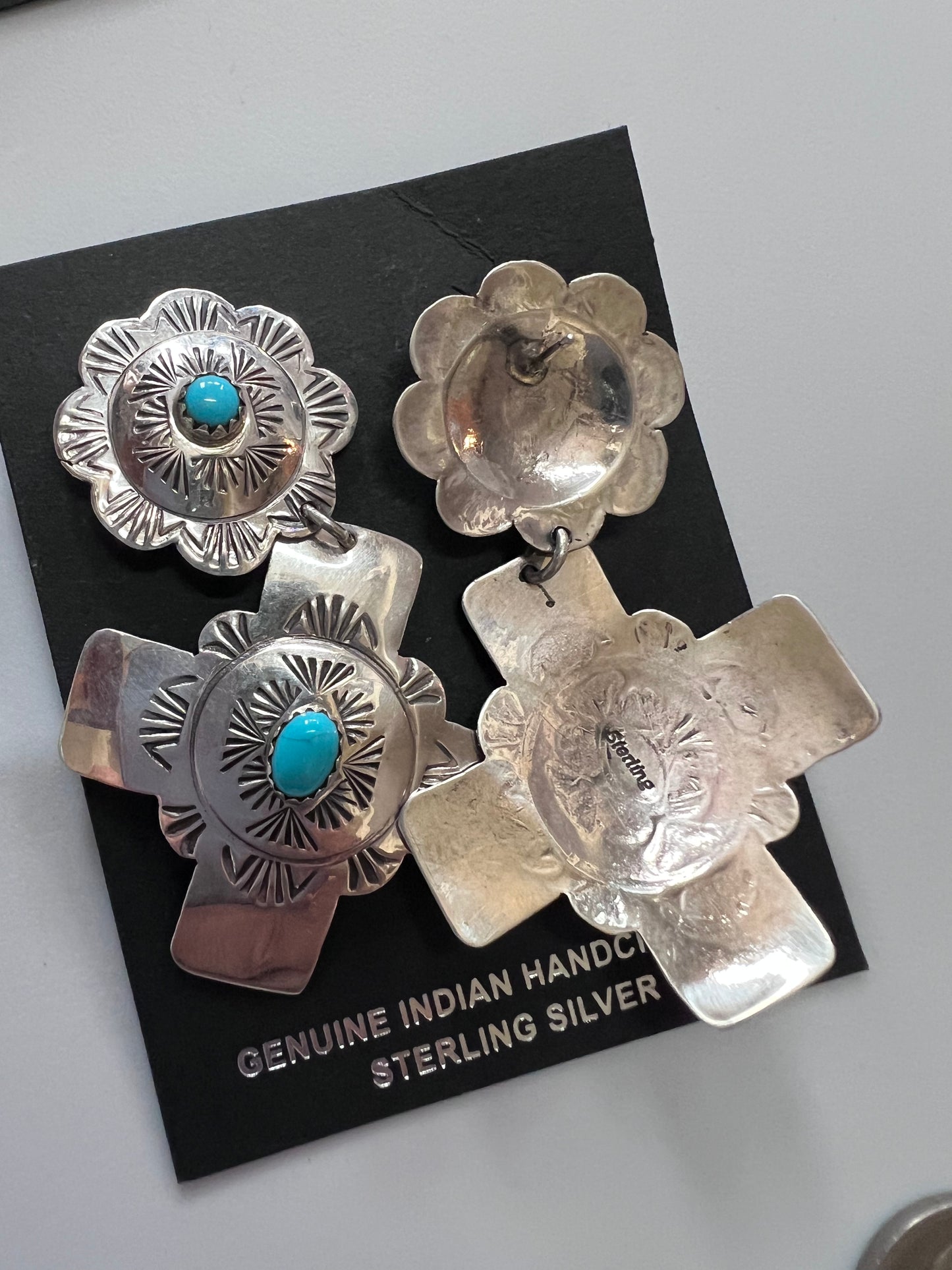 Native American Handmade by Bertha Begay- Sterling & Turquoise Concho Cross Dangle Post Earrings 2.5β