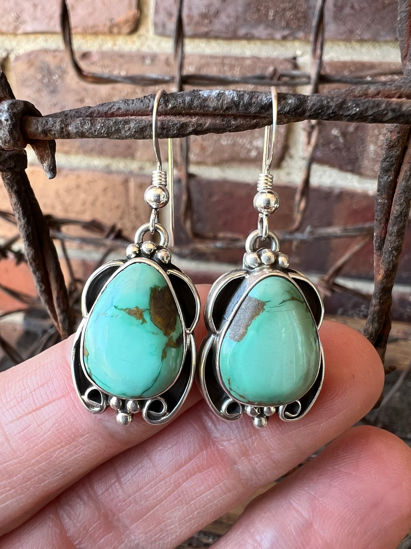 Navajo Handmade Sterling & Carico Lake Turquoise Dangle Earrings 1.5”