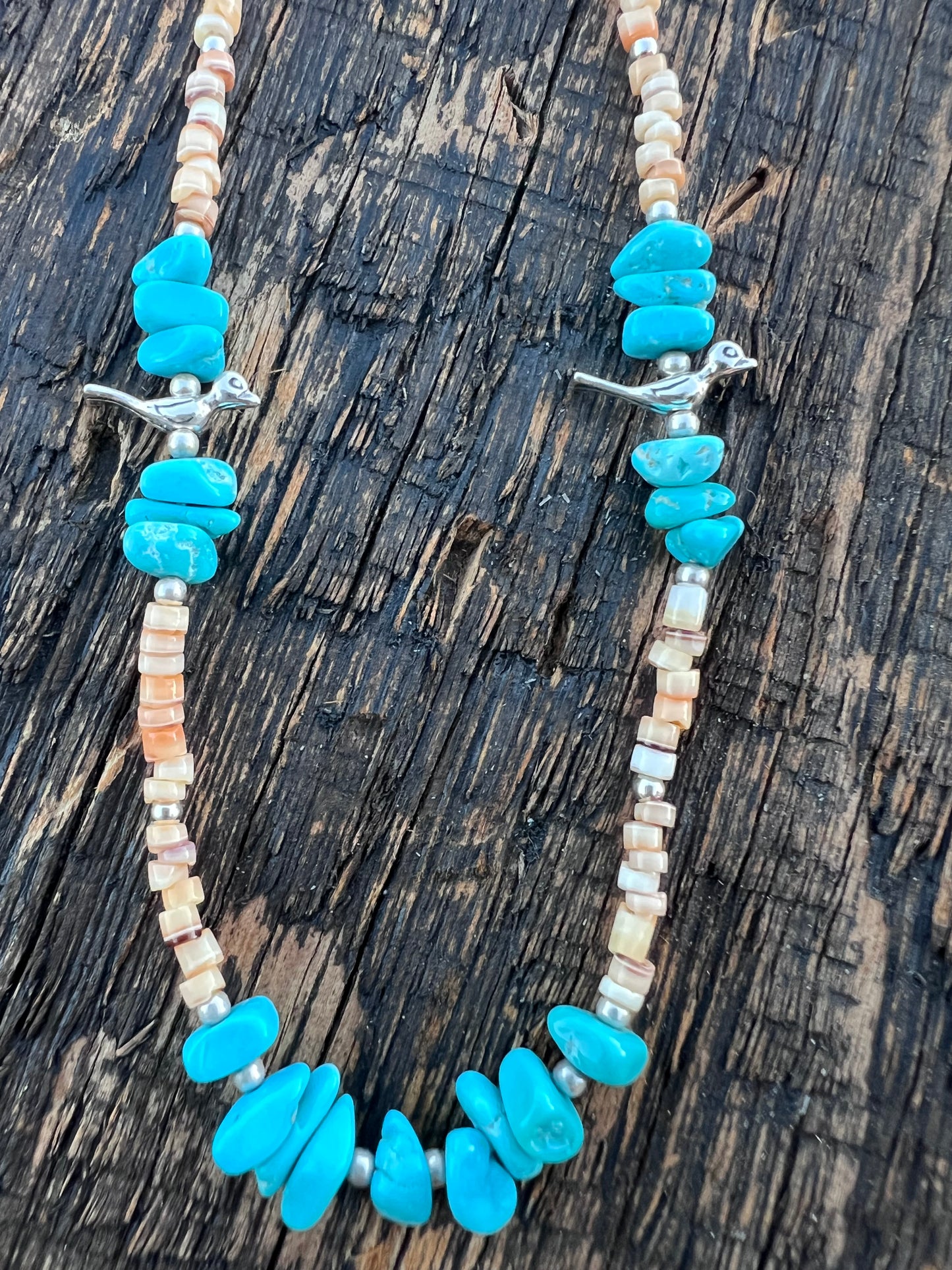 Turquoise, Shell, Sterling Bird Fetish and bead 16” Necklace & Earring 2”  Set