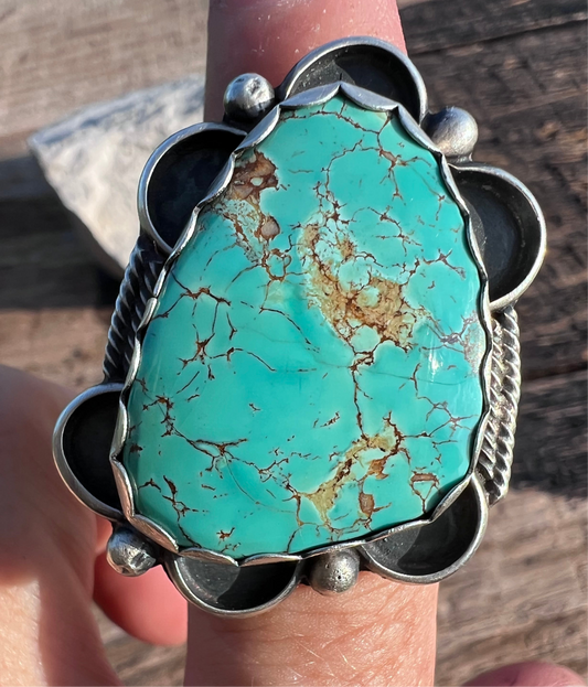 Native American Handmade by Miranda Willie. Sterling & Royston Turquoise Ring Sz Adjustable