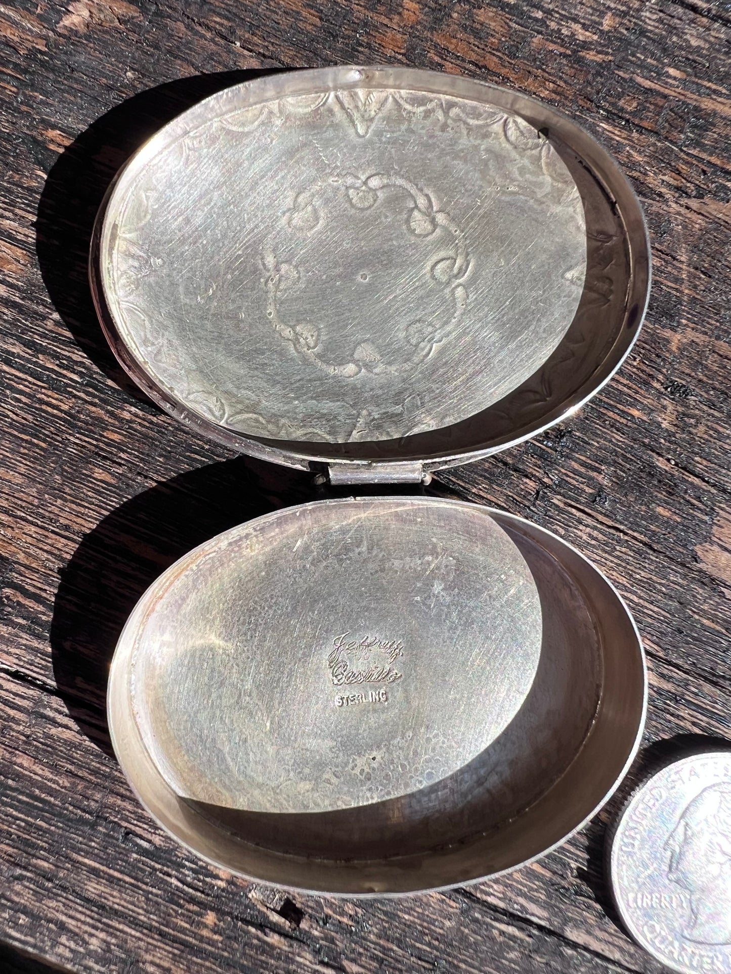 Sterling Silver w/Turquoise and Stamped Oval Pill/Trinket Box Navajo Handmade by Jeffery Castillo