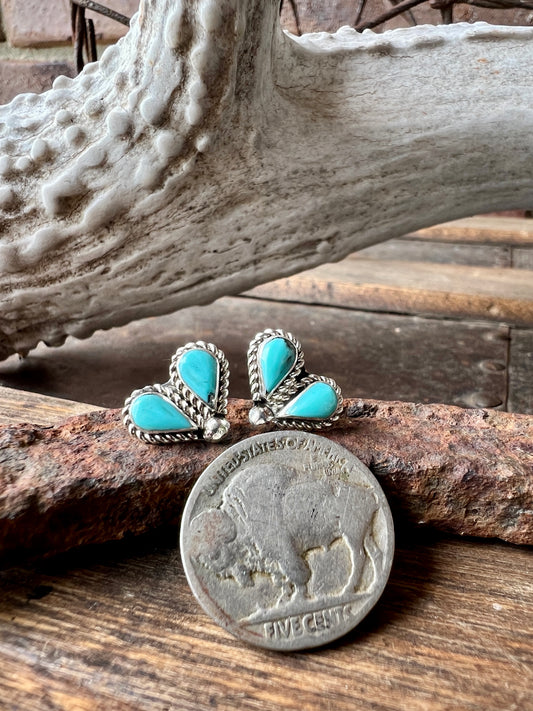 Zuni Pueblo Handmade Dainty Sterling & Turquoise 2-stone Cluster Post Earrings .5”x.40”