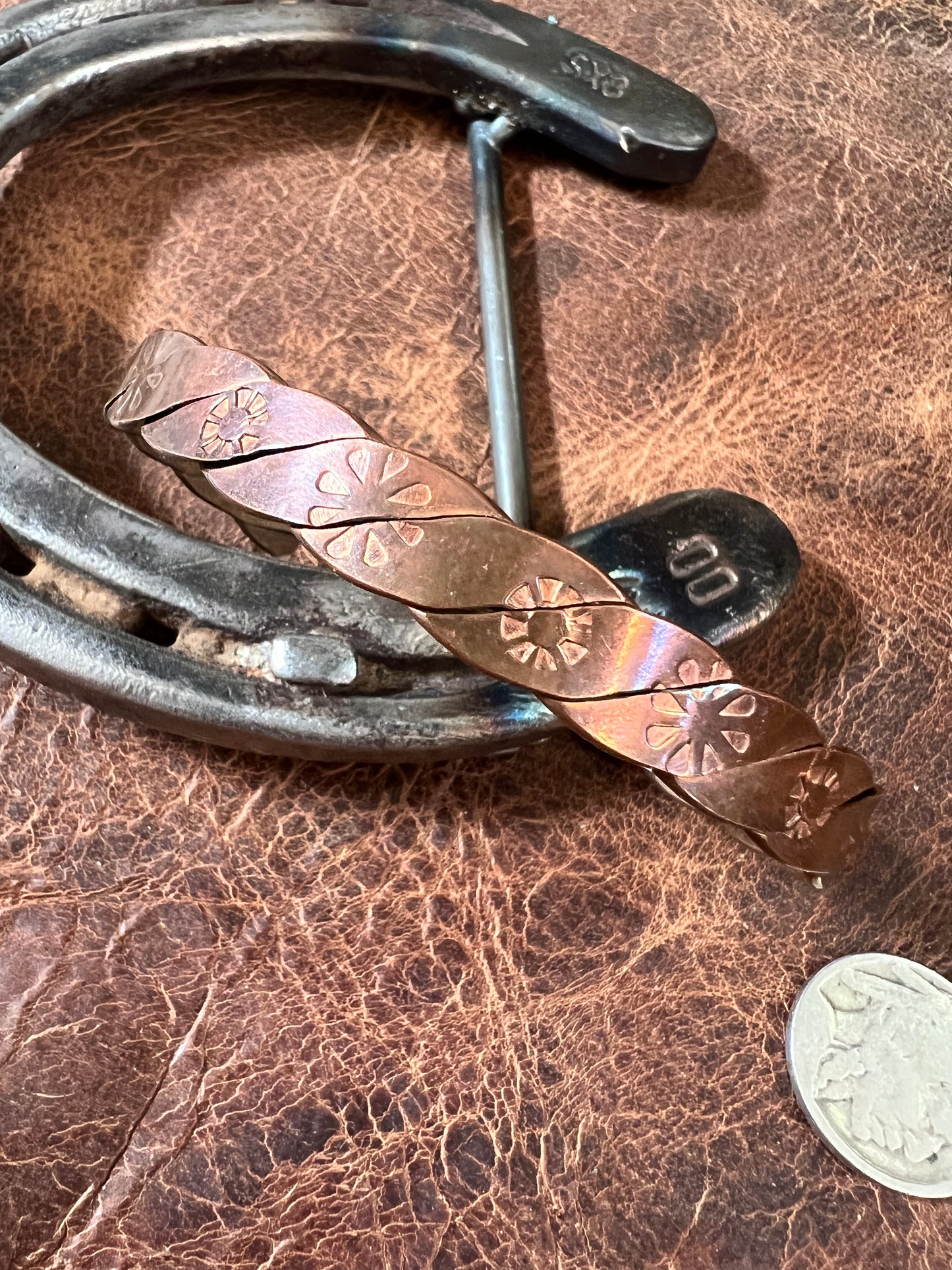 Vintage Copper Flower Stamped Cuff Bracelet Sz 7.75”