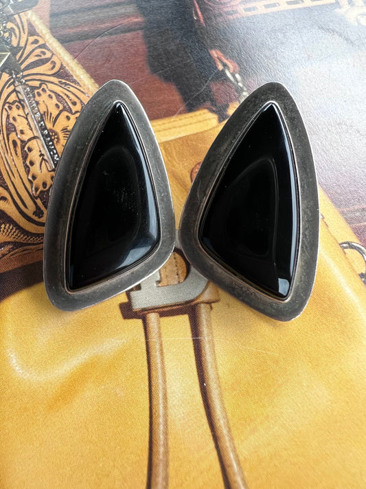 Vintage Native Navajo Handmade Sterling & Black Onyx Post Earrings Sz 1.5”