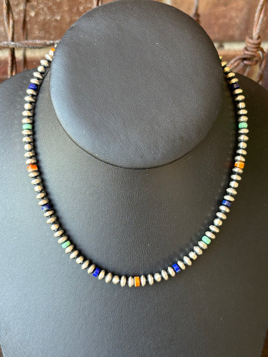 Sterling Silver, Turquoise, Spiny & Lapis 4-5mm Bead 14”-16” Necklace